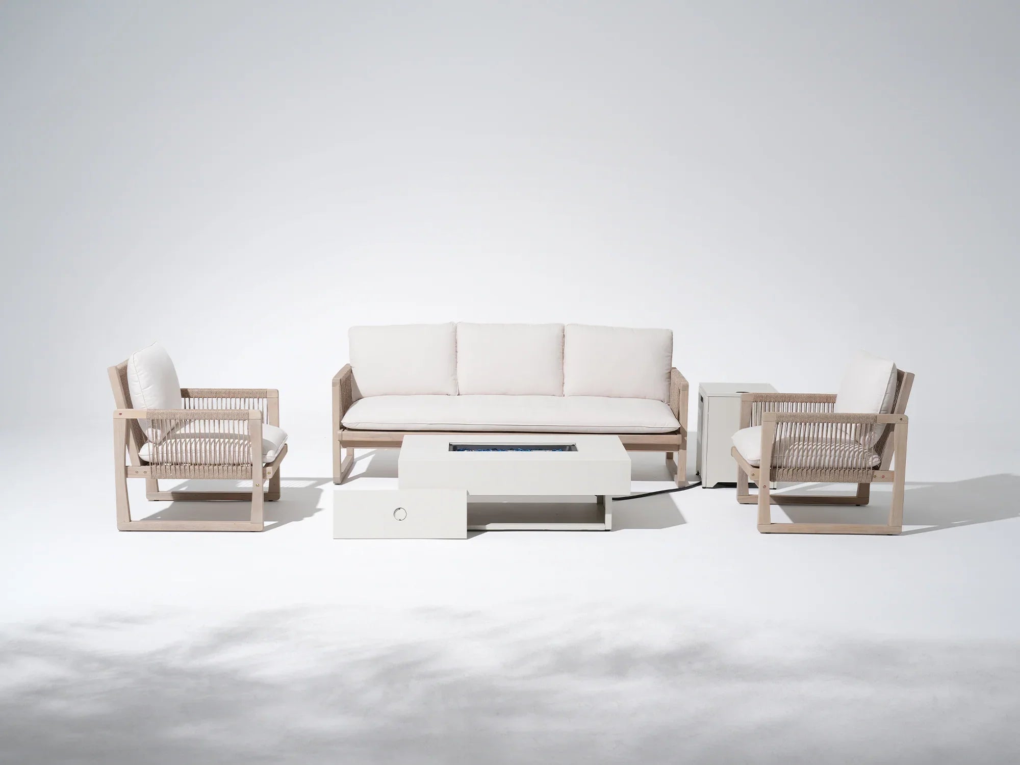 acacia Wood Outdoor Conversation Set with Fire Pit Table, Rope Design - Jardina Modern Premium Outdoor Patio Furniture Sets