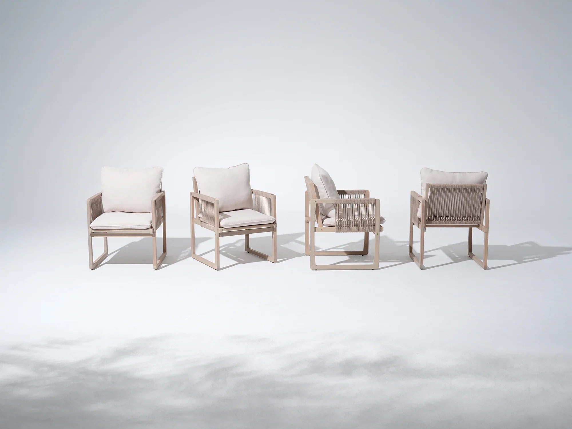 Four acacia wooden modern dining rope chairs with white cushions - Jardina Premium Modern Outdoor Dining Furniture