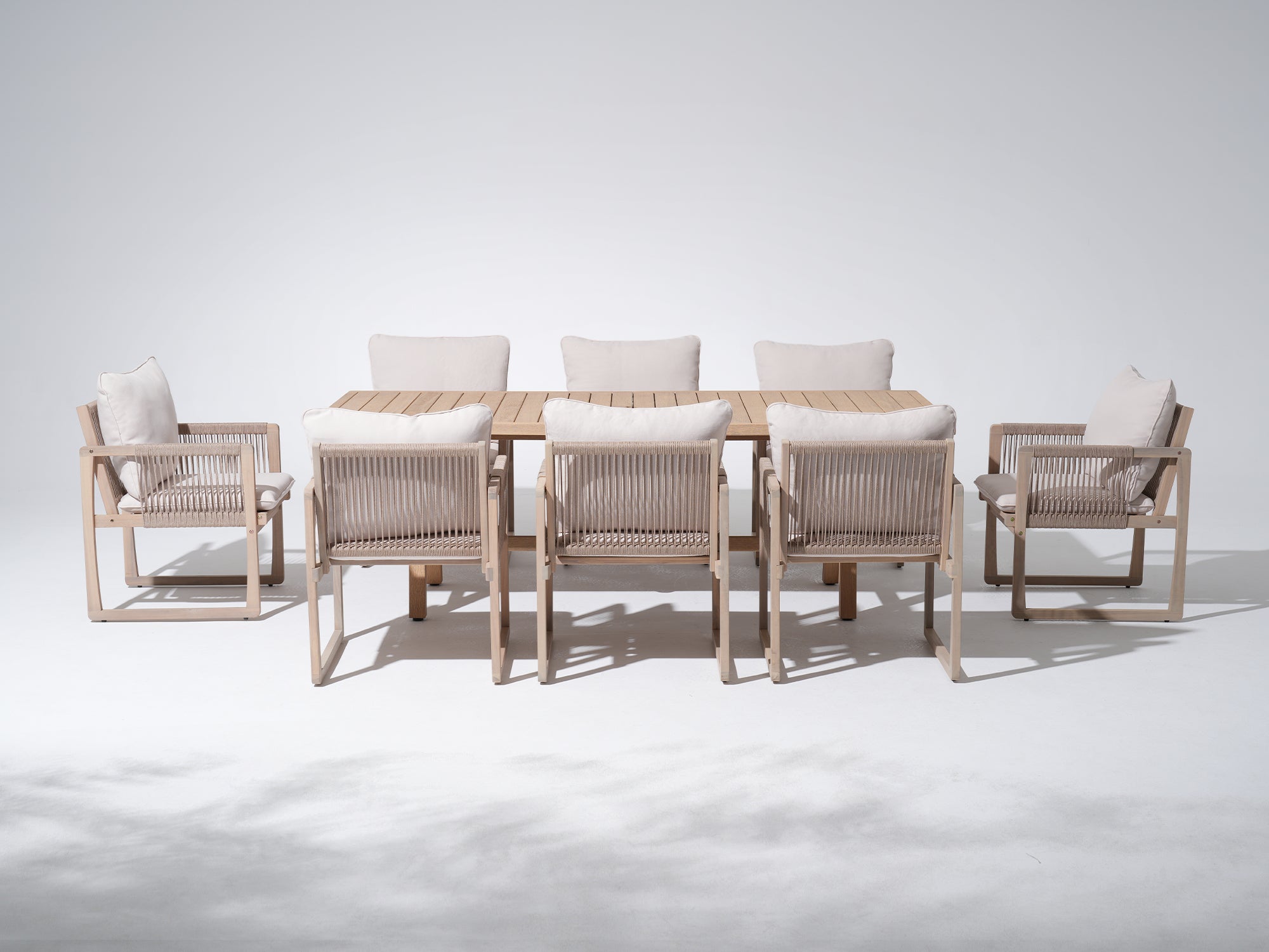 Rope and acacia Wooden Outdoor Dining Set with White Cushion for 8 People, Umbrella Hole, 90.6"– Textured - Jardina Premium Modern Outdoor Dining Furniture