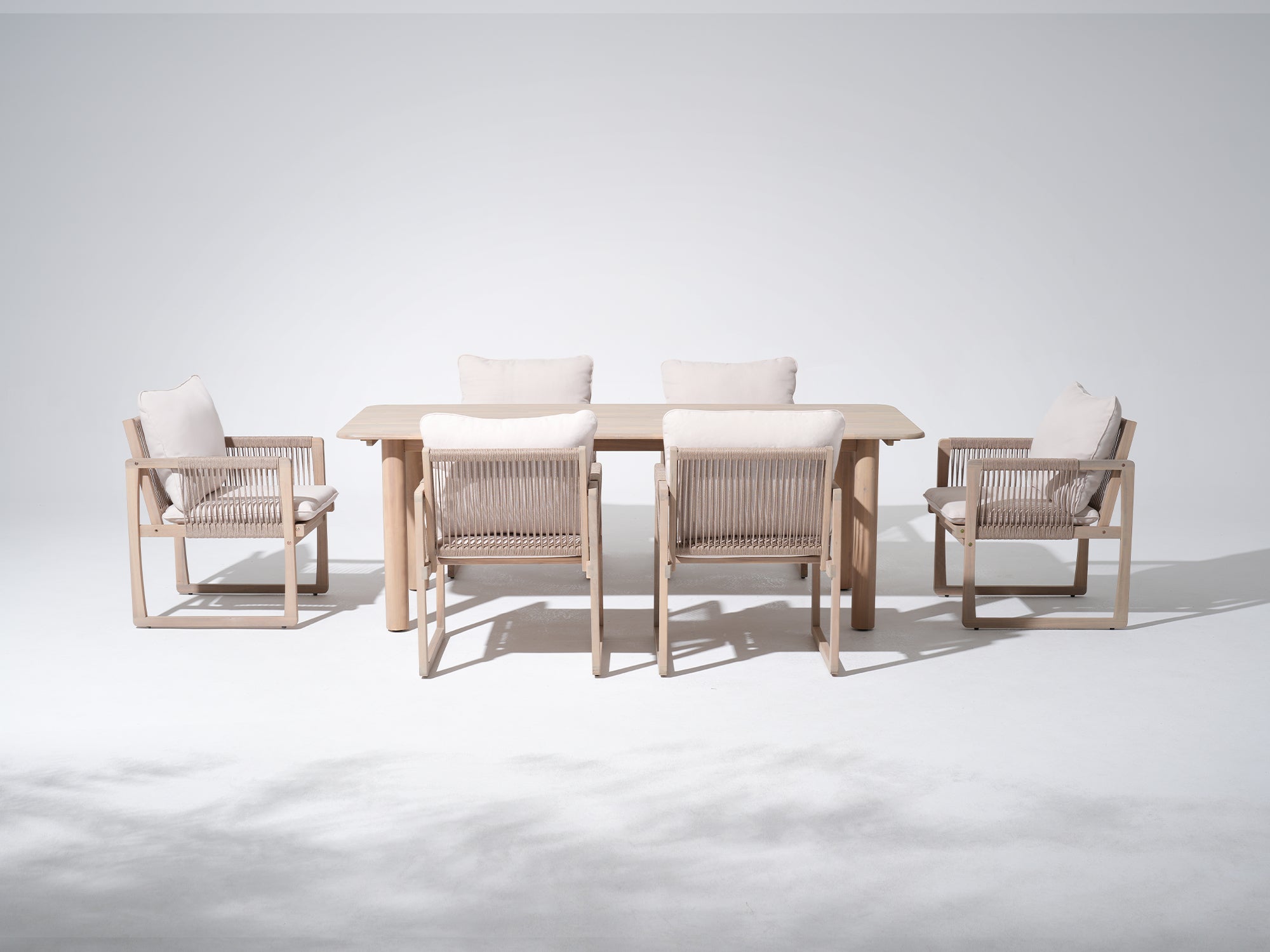 Lumi Outdoor Wooden Dining Set with Rope Design Chairs, 6-8 Seats, 86.6" Slatted Table with Rounded Edges