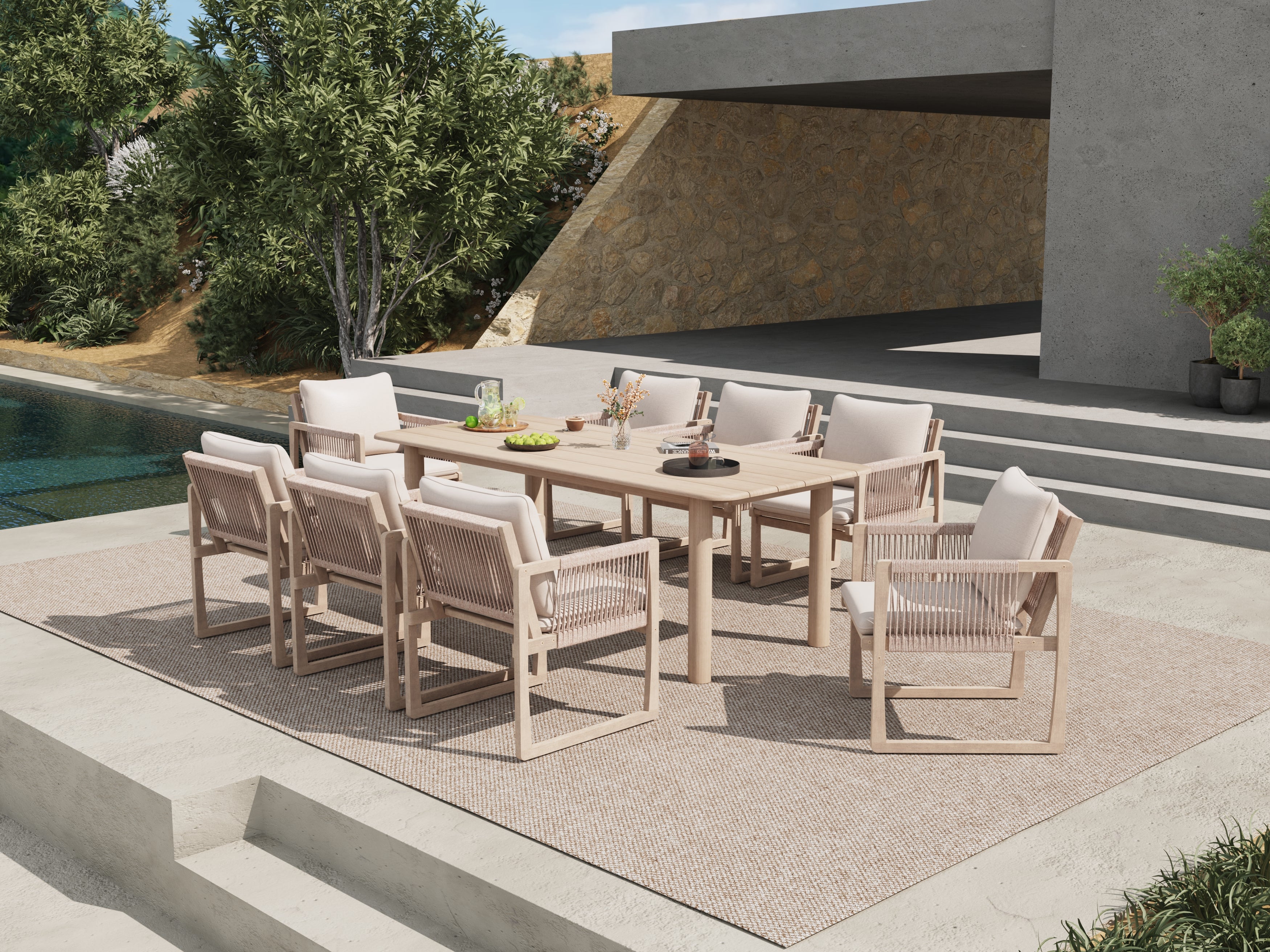 Lumi Outdoor Wooden Dining Set with Rope Design Chairs, 6-8 Seats, 86.6" Slatted Table with Rounded Edges