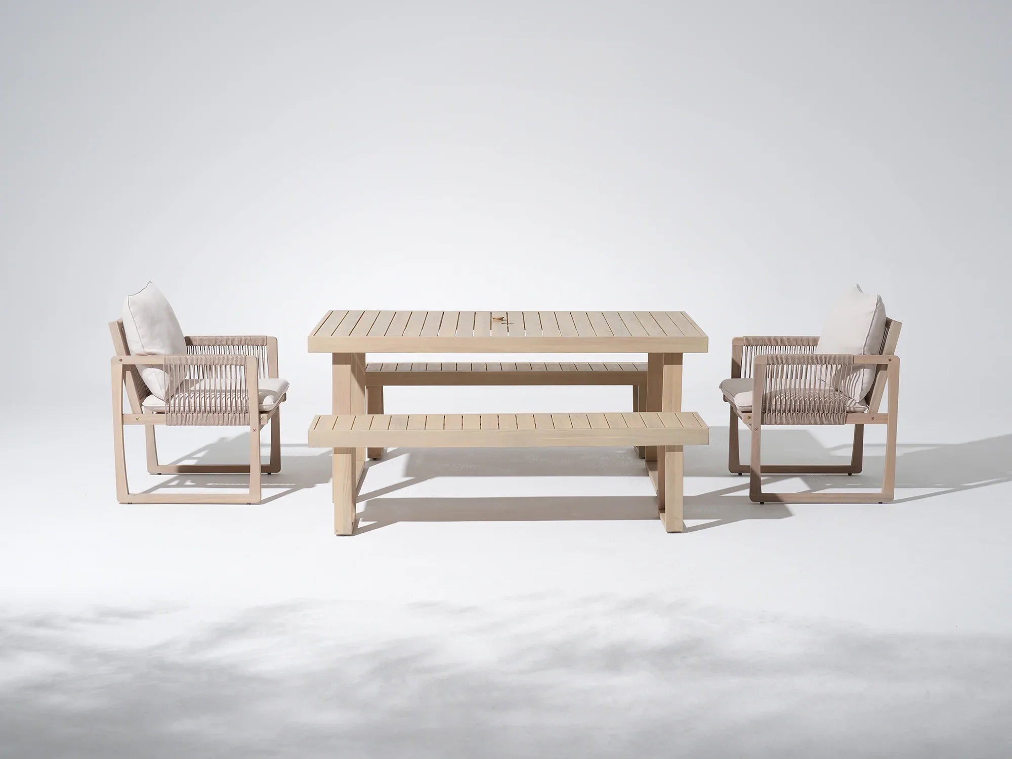 Wooden umbrella hole outdoor table with two matching chairs and two benches - Jardina Premium Modern Outdoor Dining Furniture