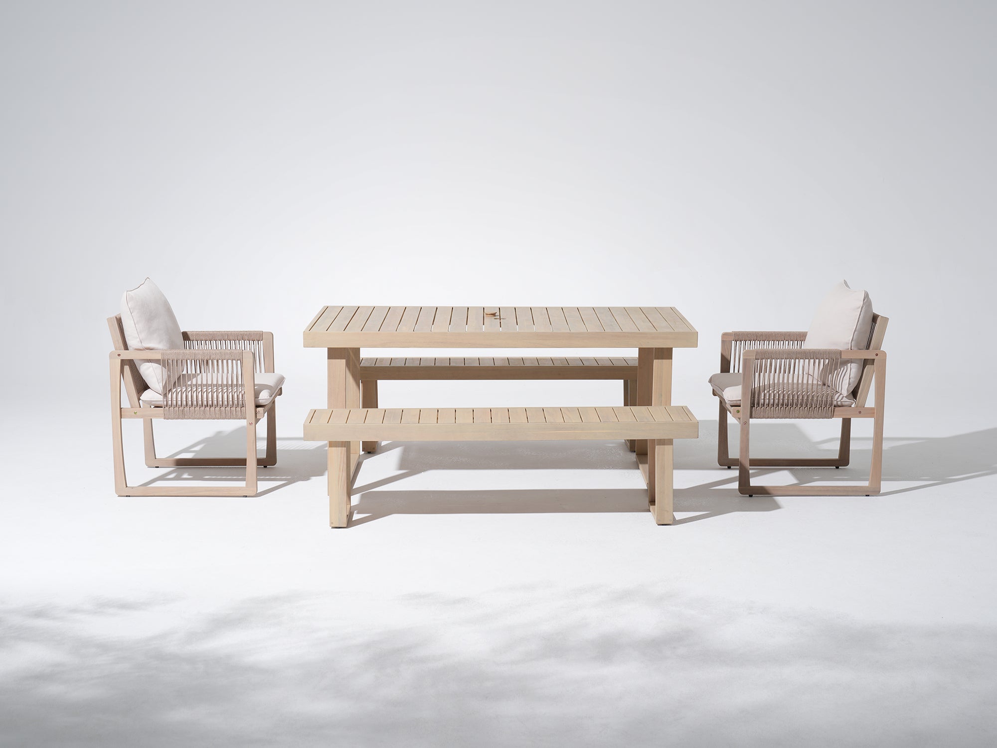 Wooden umbrella hole outdoor table with two matching chairs and two benches - Jardina Premium Modern Outdoor Dining Furniture