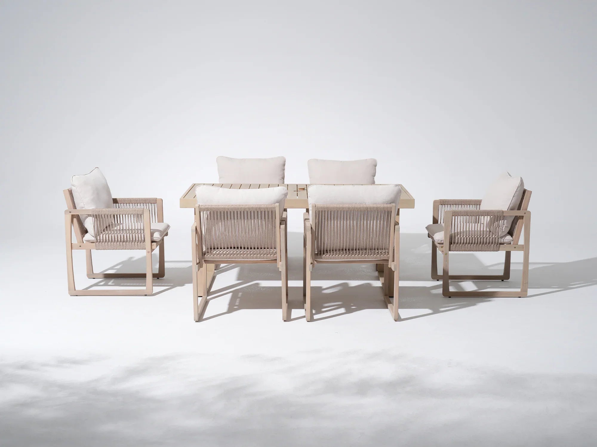 4 chair patio set with umbrella Lumi Outdoor Wooden Dining Set with Rope Chairs & Bench, Umbrella Hole