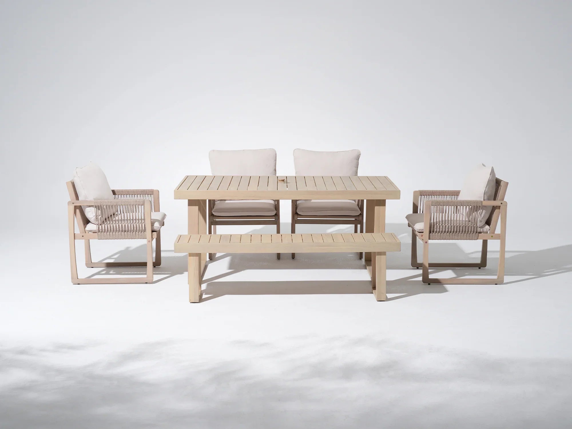 Outdoor furniture dining set for 6 with a umbrella hole table , 4 matching rope chairs and a bench - Jardina Premium Modern Outdoor Dining Furniture