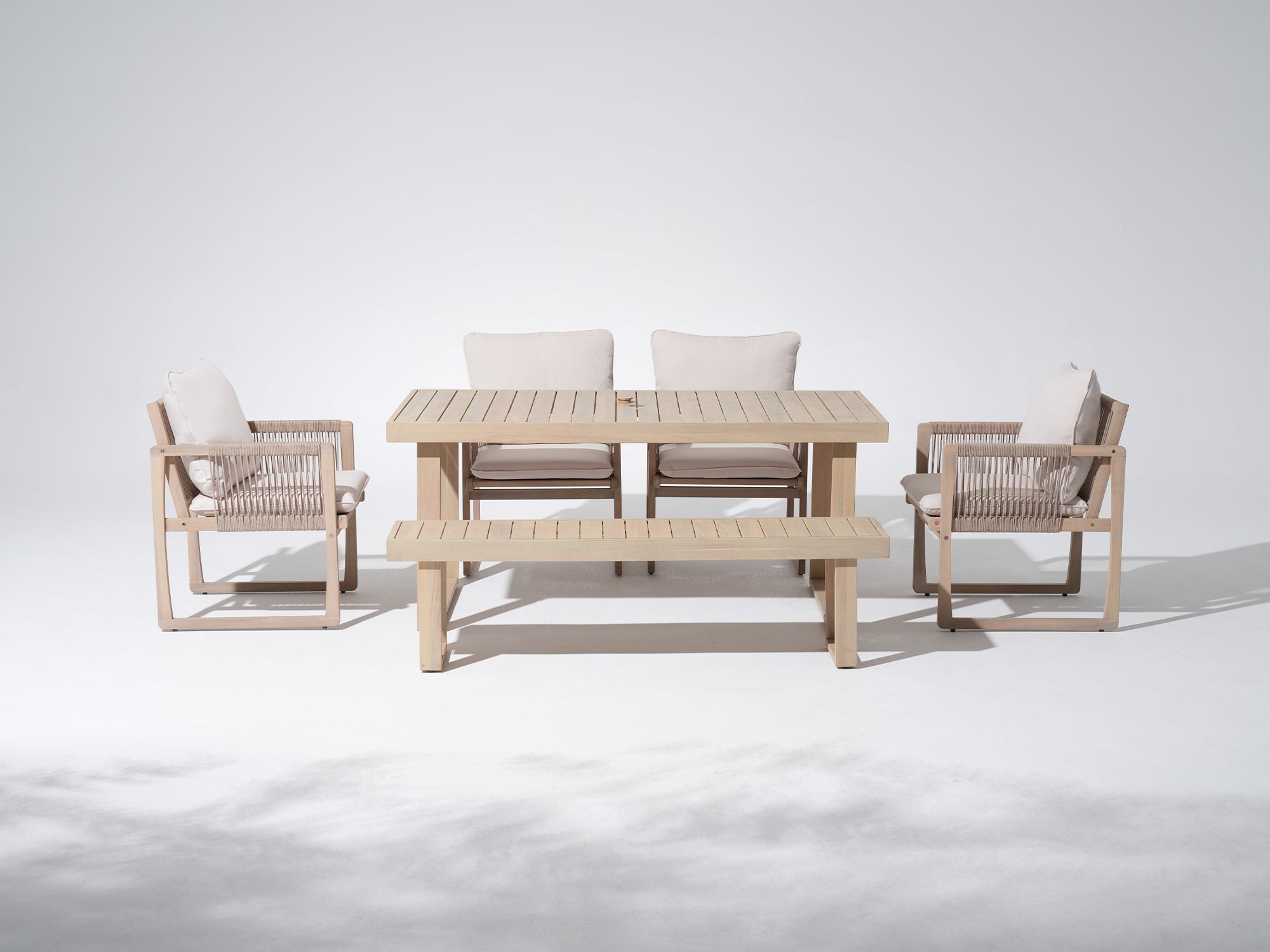 Outdoor furniture dining set for 6 with a umbrella hole table , 4 matching rope chairs and a bench - Jardina Premium Modern Outdoor Dining Furniture