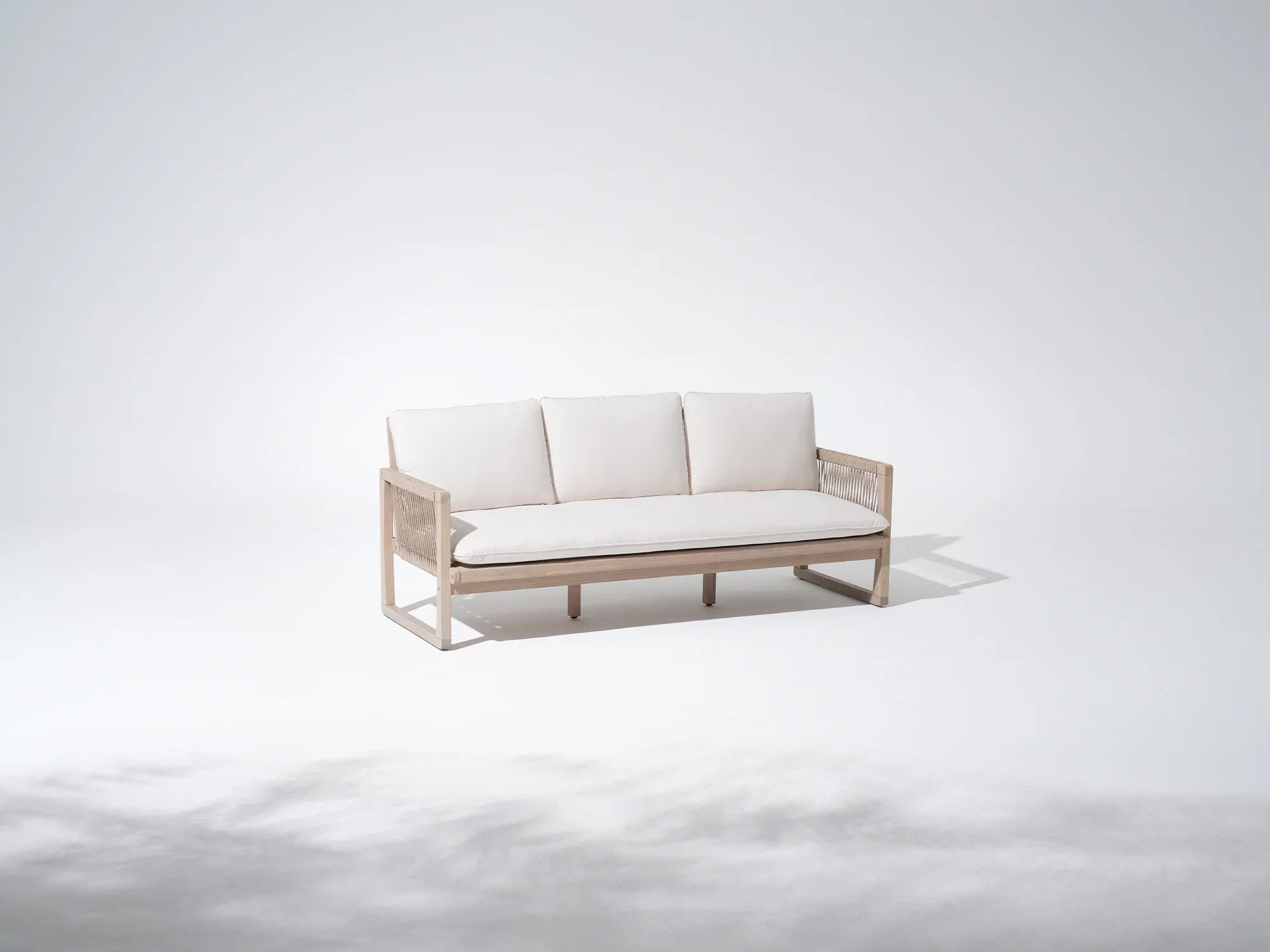 Minimalist wooden 3 seats sofa with white cushions