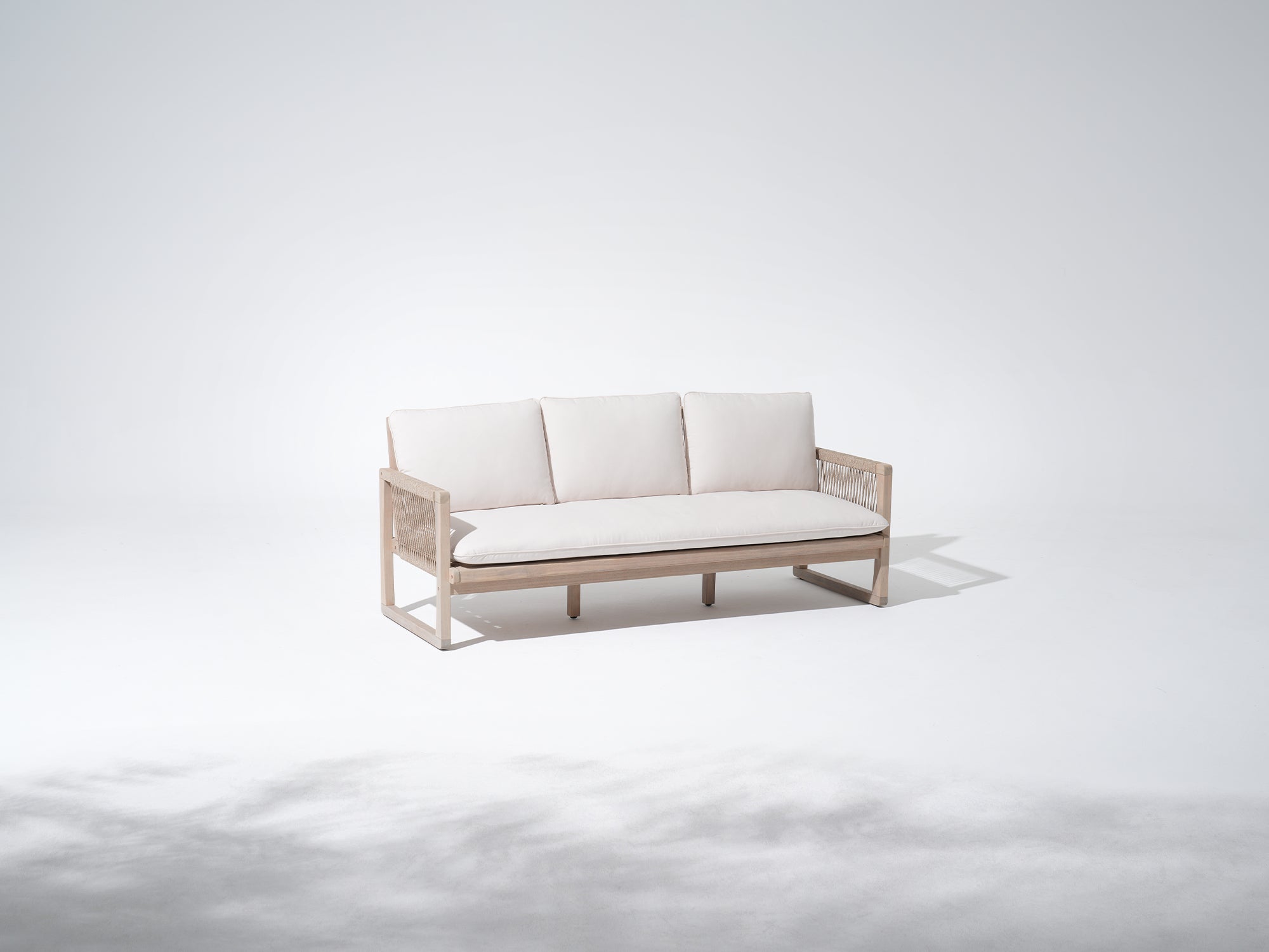 Minimalist wooden 3 seats sofa with white cushions
