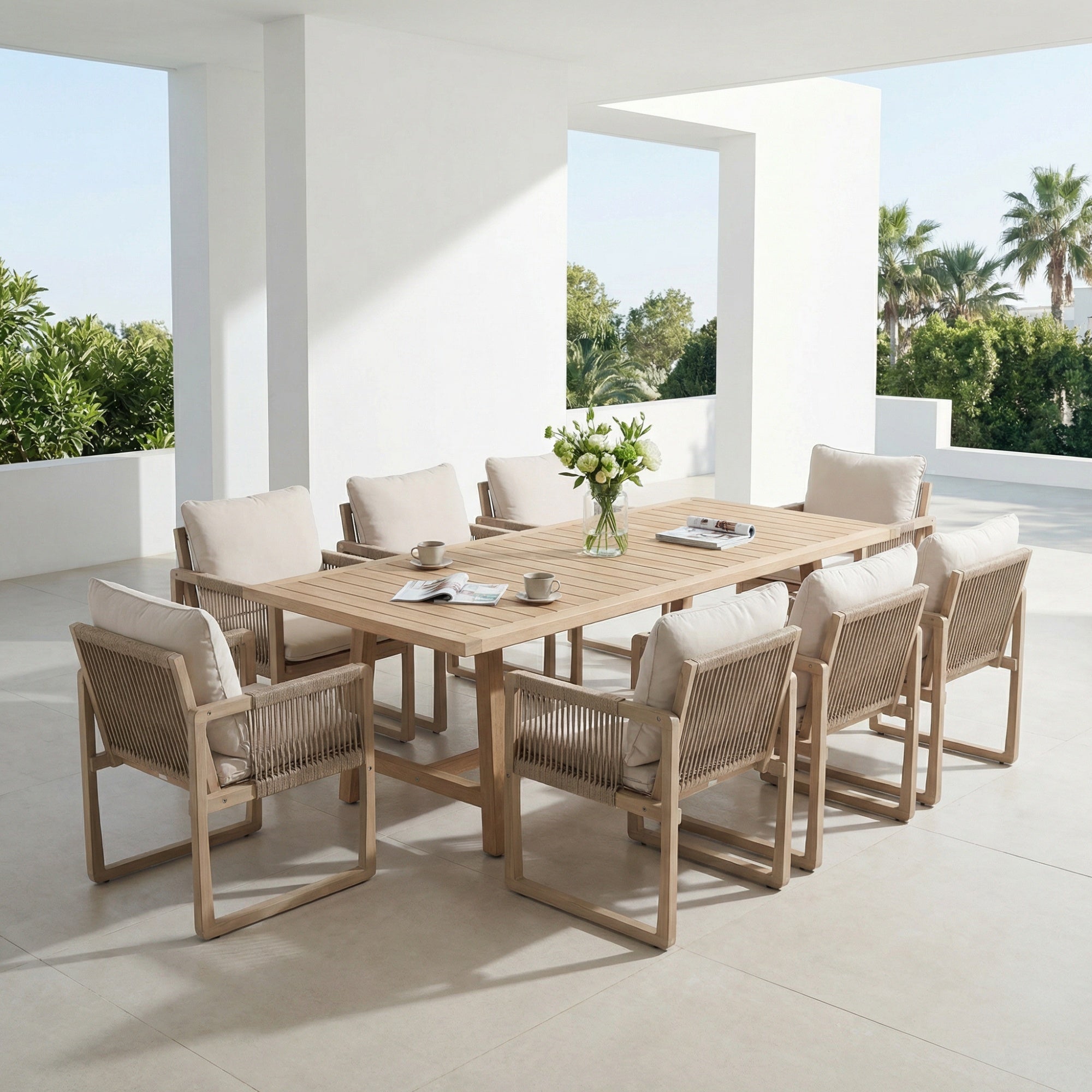 Outdoor dining set for 8 with acacia wooden table and rope chairs - Jardina Premium Modern Outdoor Dining Furniture