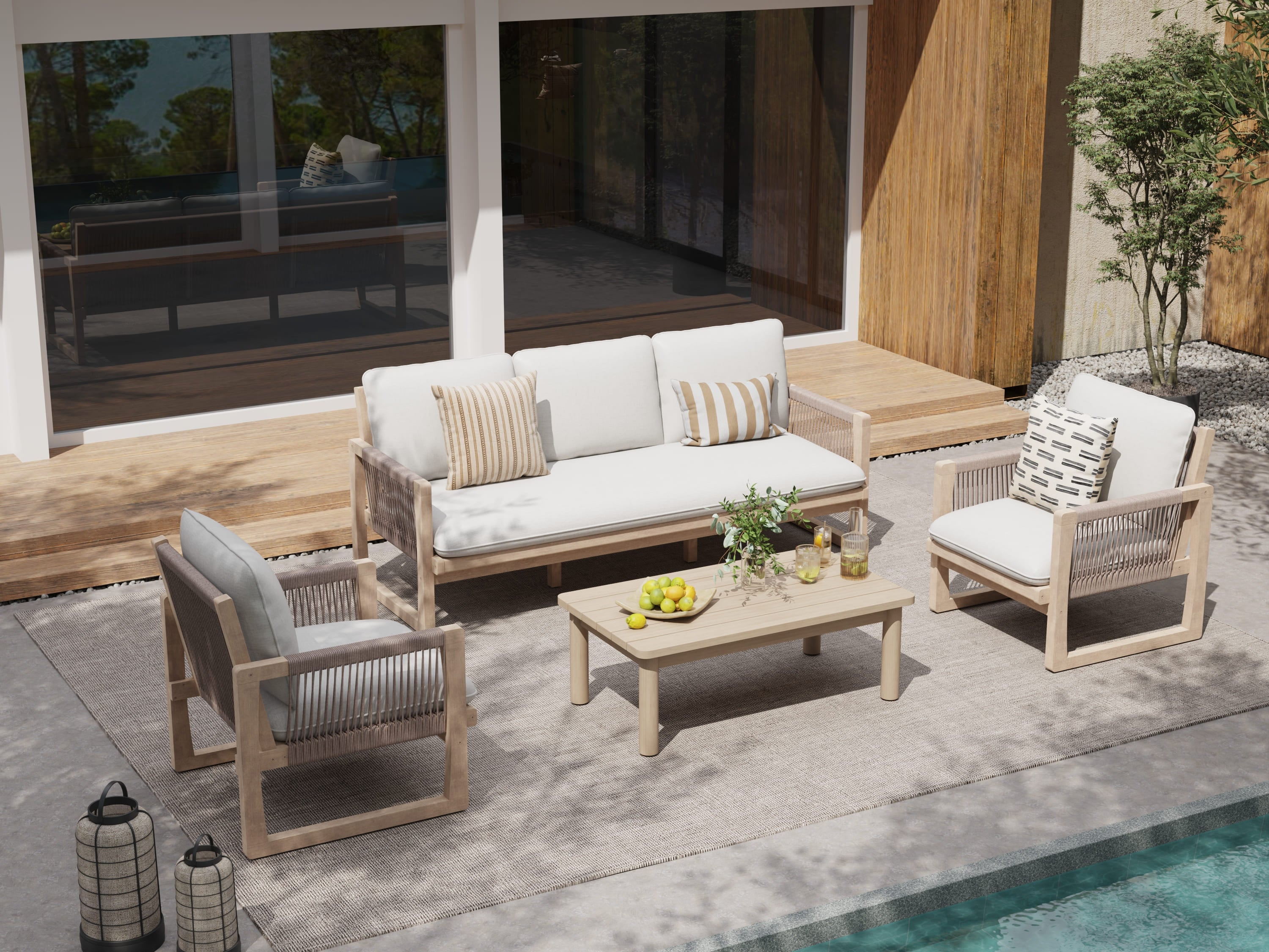 5-seat acacia wood and rope Outdoor patio furniture conversation set with sofa, chairs, and a rectangular coffee table - Jardina Modern Premium Outdoor Patio Furniture Sets