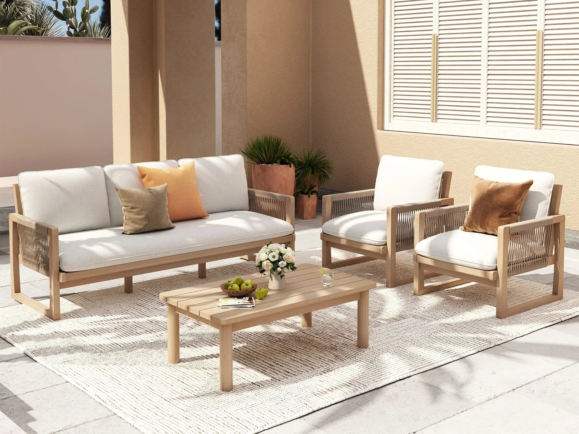 4-pc Outdoor patio furniture lounge set with acacia wooden chairs, sofa, and a coffee table - Jardina Modern Premium Outdoor Patio Furniture Sets