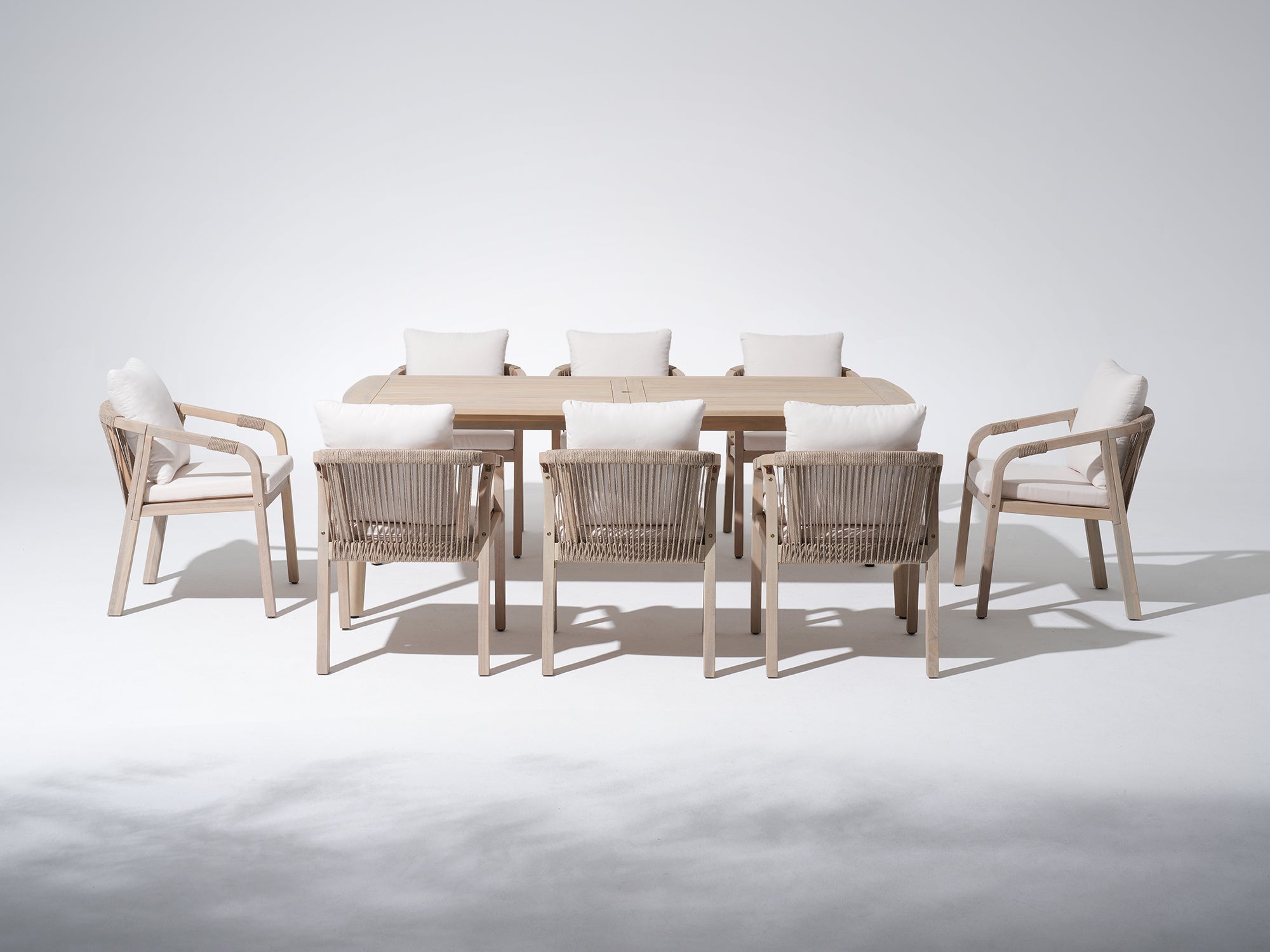 acacia Wood Outdoor Wood Dining Set for 8 with umbrella hole, Rope Design Chairs, 83" Tapered Legs - Jardina Premium Modern Outdoor Dining Furniture