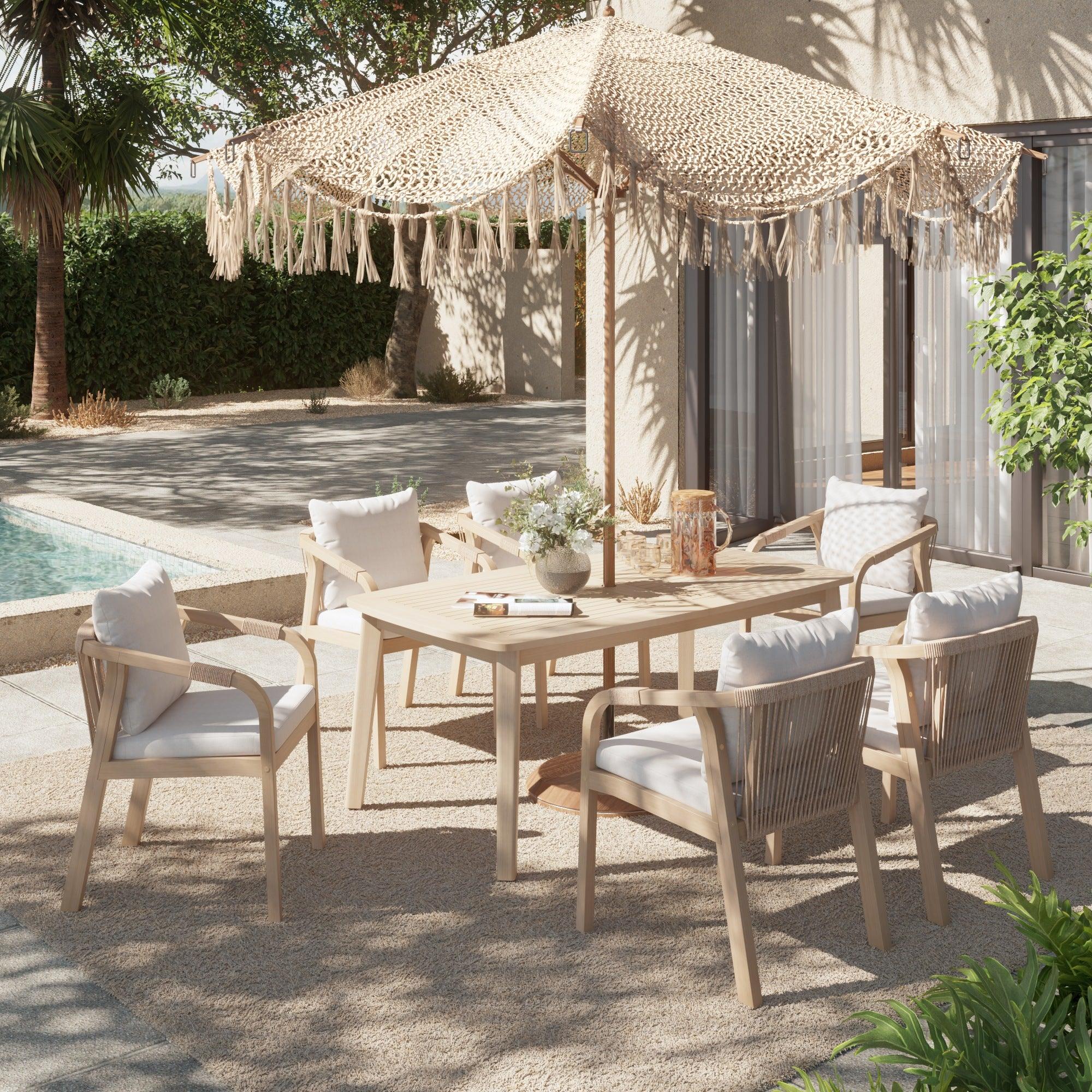 acacia wood Outdoor patio dining set for 6 with umbrella hole, a rectangular table and 6 rope chairs - Jardina Premium Modern Outdoor Dining Furniture