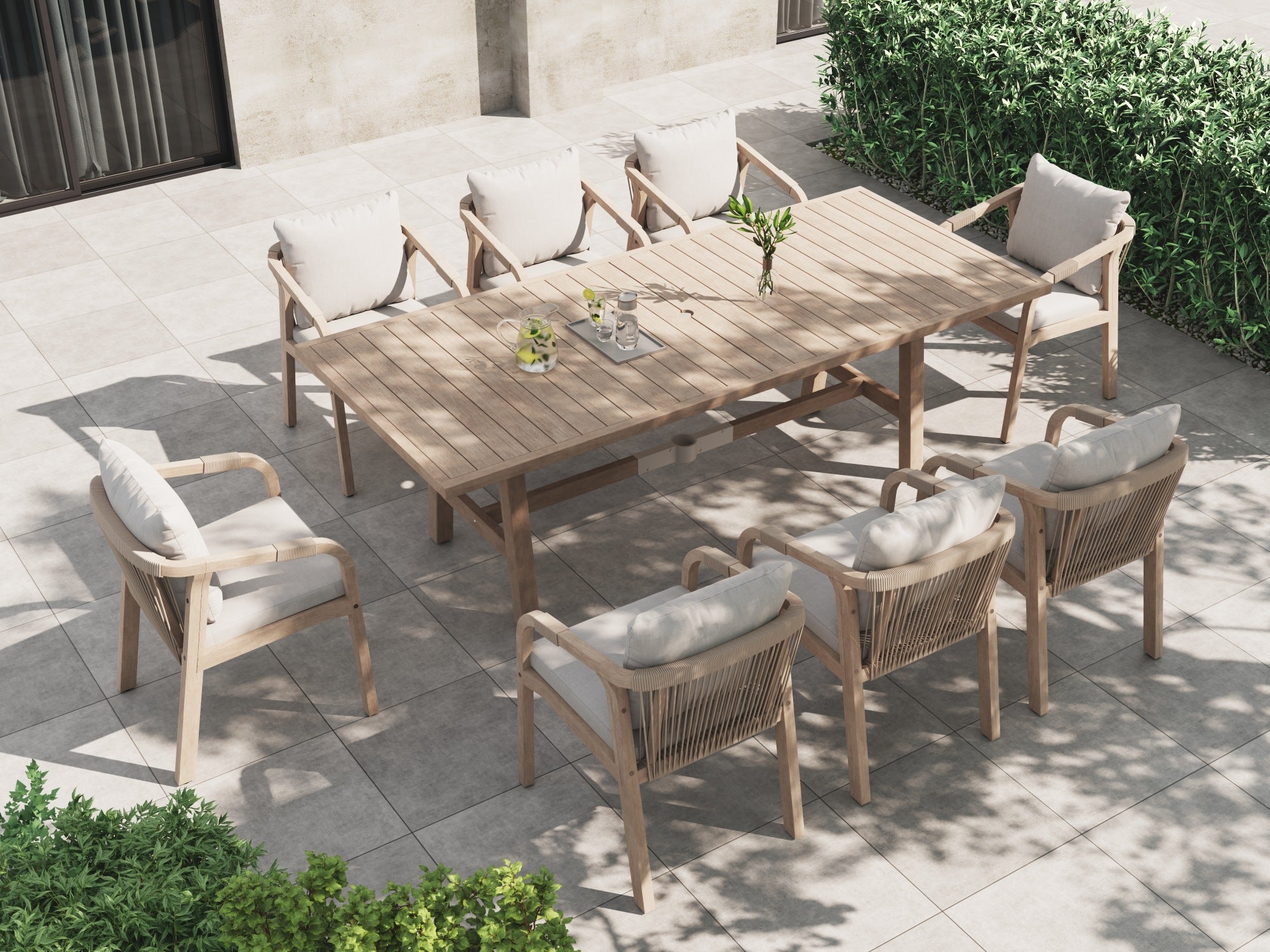 Rectangular acacia Wooden Dining Set for 8 People, 90.6" with Umbrella Hole - White - Jardina Premium Modern Outdoor Dining Furniture
