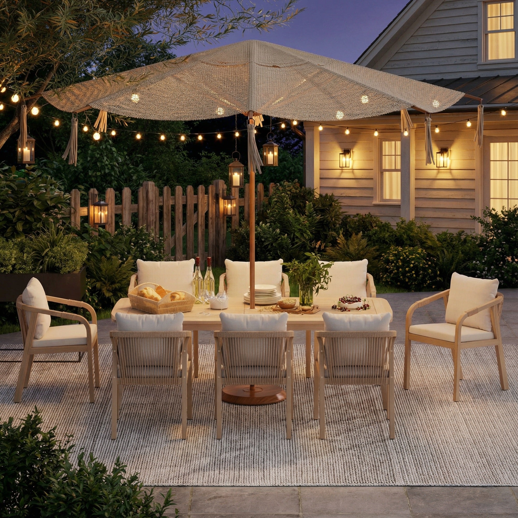 Lumi Wooden Outdoor Dining Set with Umbrella Hole, 8 Seats, Rope Design, 83'' Table