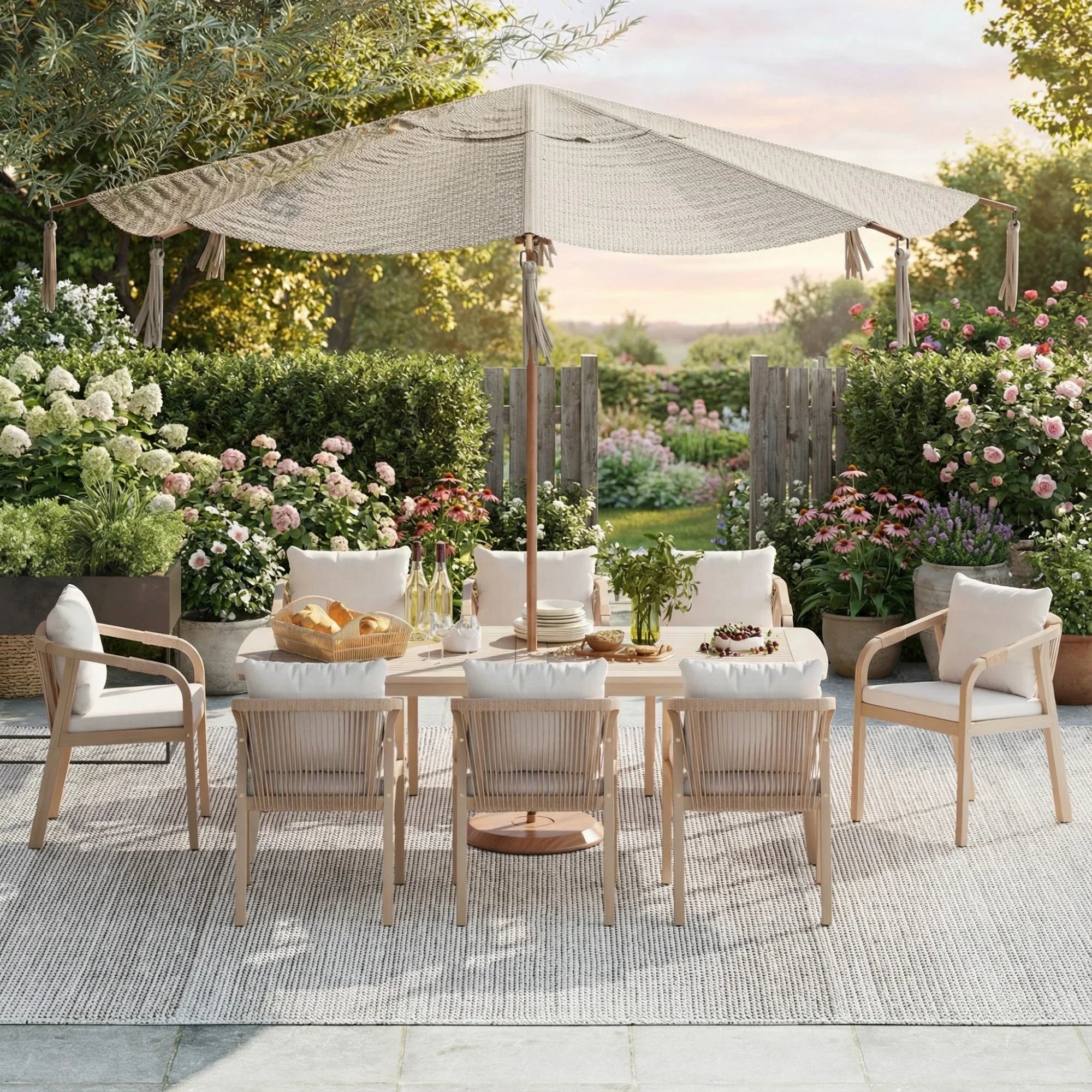 acacia wood and ropr Outdoor patio set for 8 person with table, chairs, and umbrella in a garden setting - Jardina Premium Modern Outdoor Dining Furniture