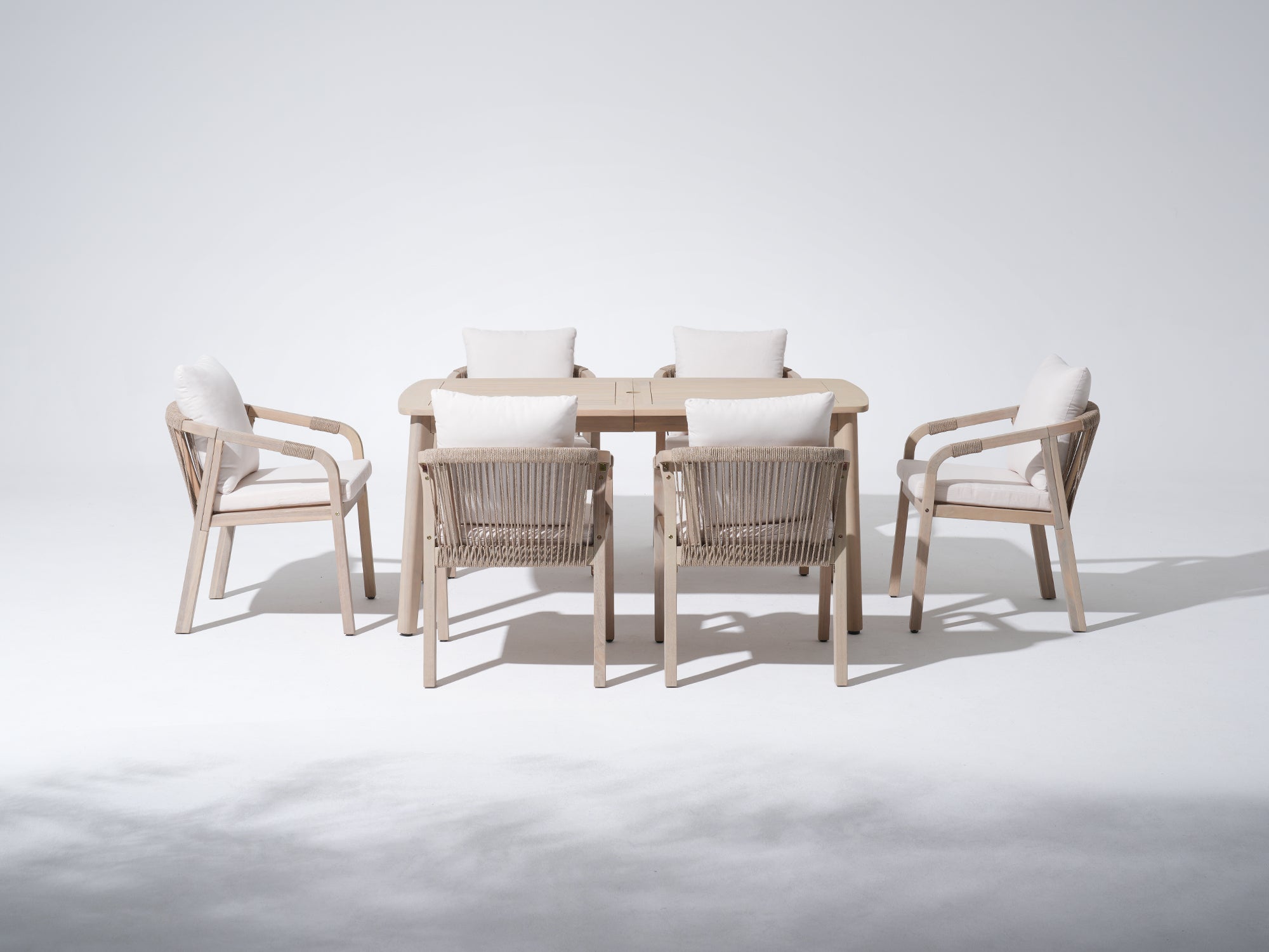 Outdoor acacia Wood Dining Set for 6 with Umbrella Hole, 63" Tapered Legs table, Rope Design Chairs - Jardina Premium Modern Outdoor Dining Furniture