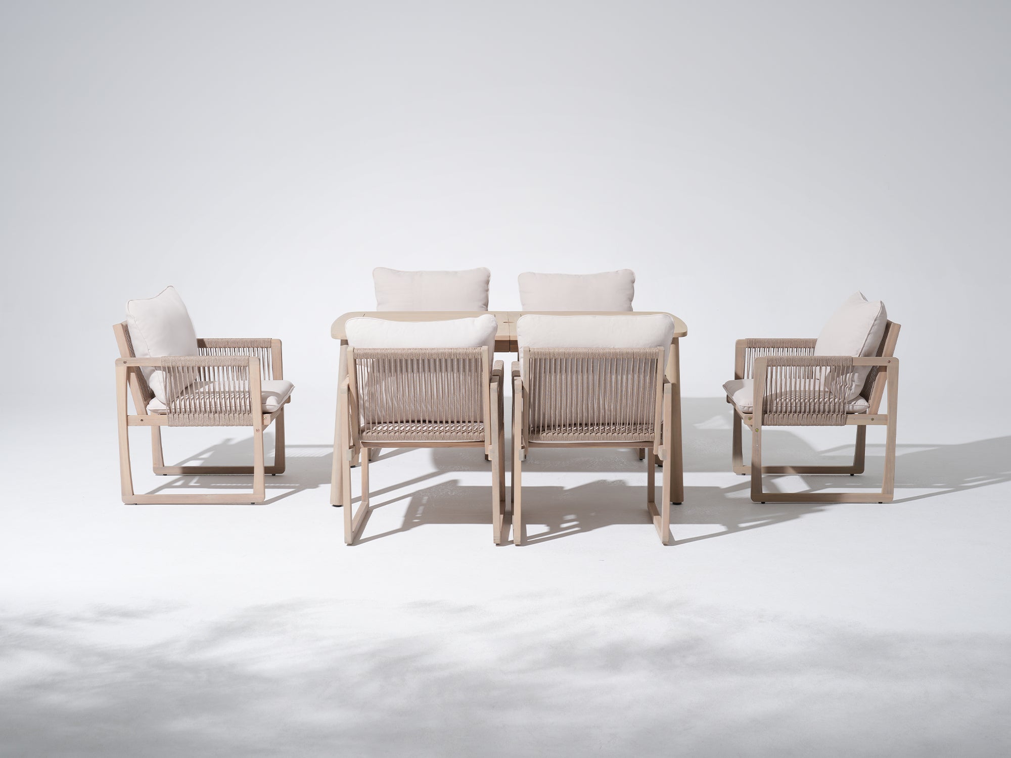 Lumi Outdoor Wooden Dining Set with Rope Design Chairs & Umbrella Hole for 4-6 People, 63" Tapered Legs