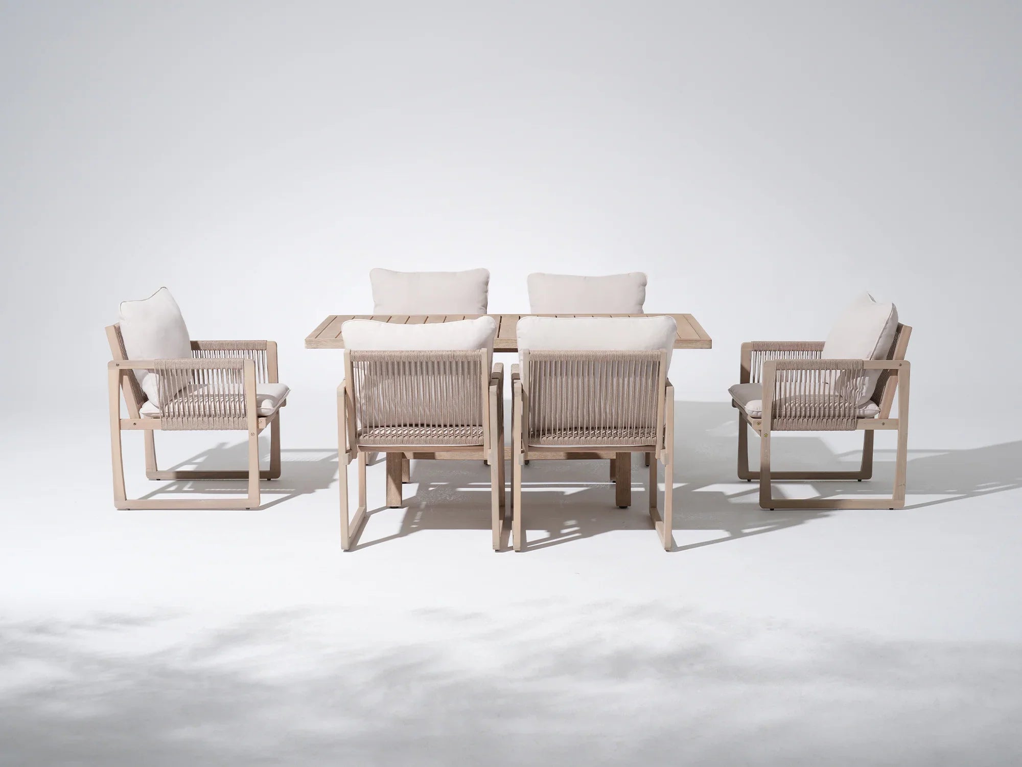 acacia Wooden Outdoor Dining Set with White Cushion for 6 People, Rope Design, 67" Table - Jardina Premium Modern Outdoor Dining Furniture