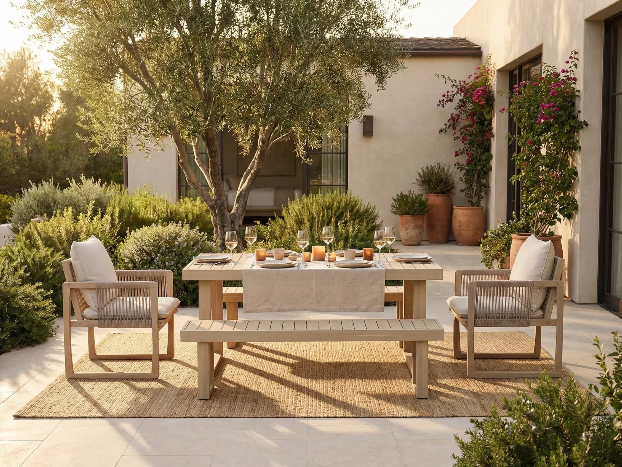 umbrella hole Outdoor patio dining set for 6 with a acacia wooden table, chairs and benches in a garden - Jardina Premium Modern Outdoor Dining Furniture