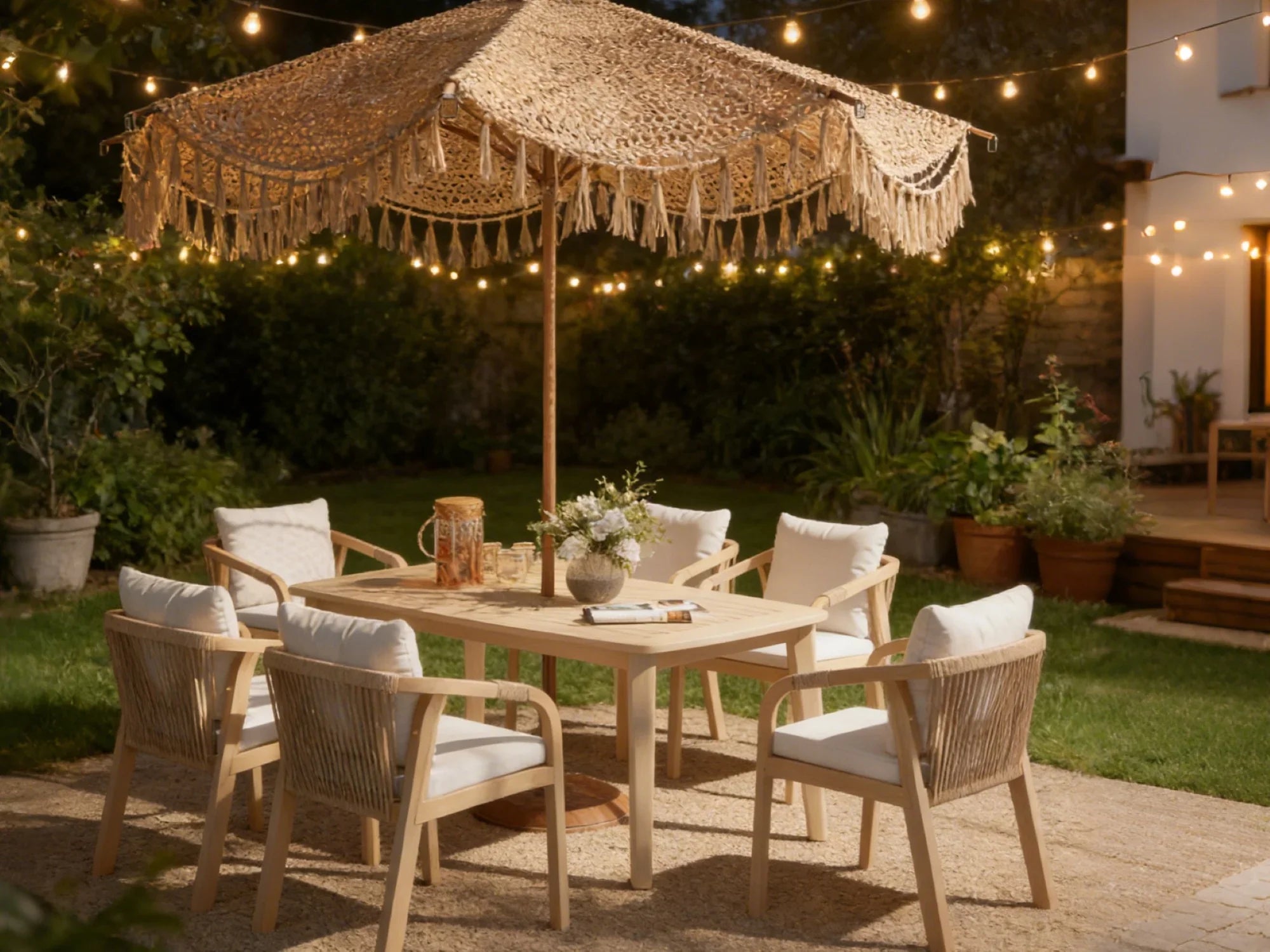 acacia wood Outdoor patio dining set for 6 with umbrella hole, a rectangular table and 6 rope chairs - Jardina Premium Modern Outdoor Dining Furniture