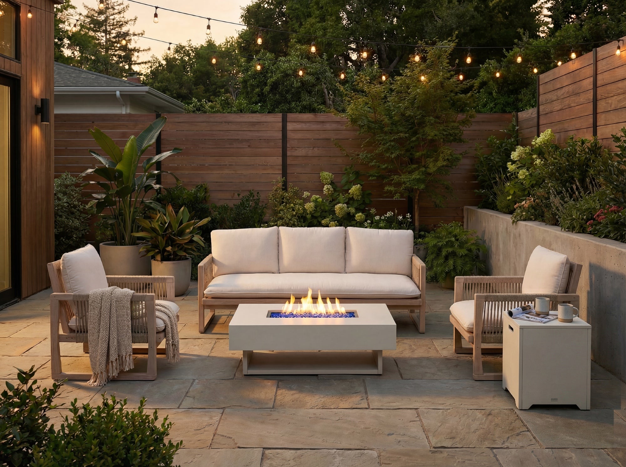 5 seats acacia wood Outdoor patio furniture conversation sets with fire pit table - Jardina Modern Premium Outdoor Patio Furniture Sets