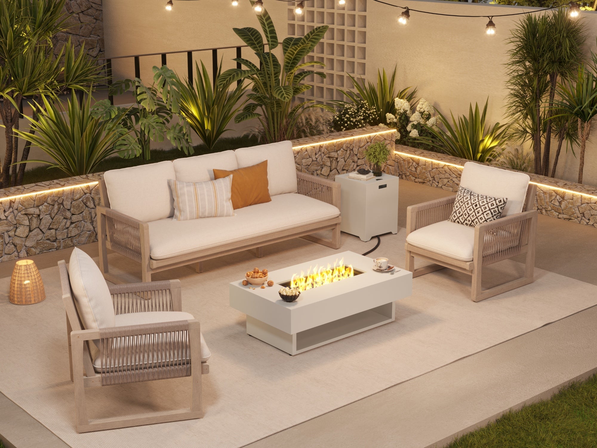 5 seats acacia wood and rope Outdoor patio set with fire pit table, chairs, and sofa - Jardina Modern Premium Outdoor Patio Furniture Sets