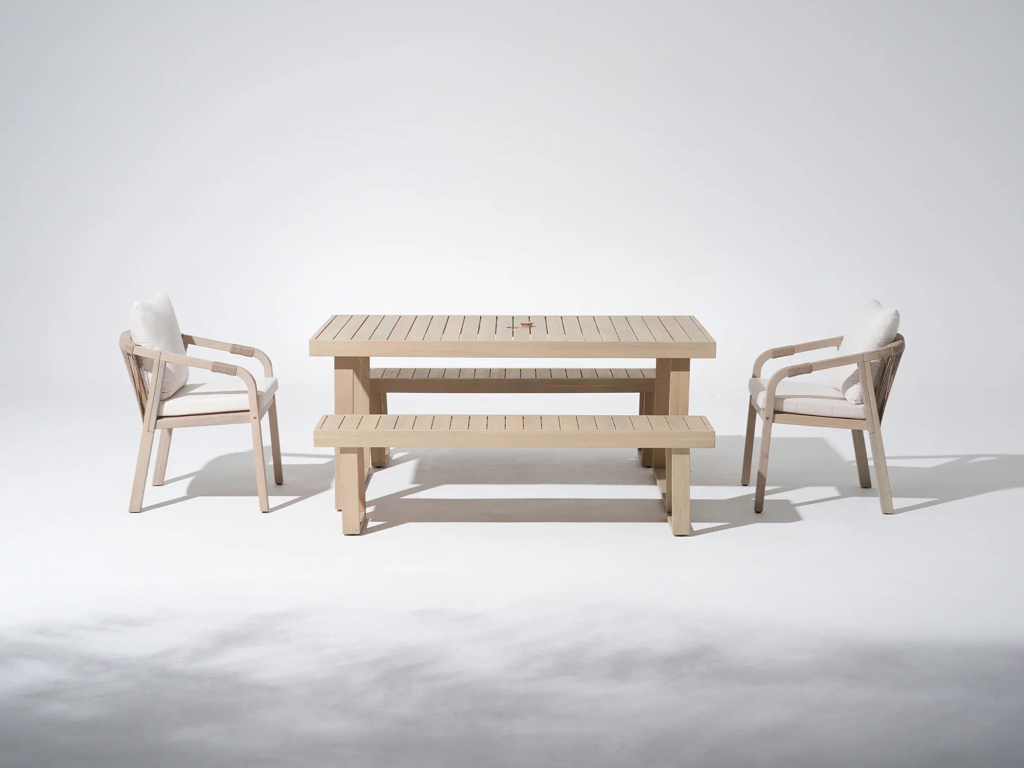 acacia Wooden outdoor dining table set with umbrella hole for 6 people, two benches, two woven rope chairs - Jardina Premium Modern Outdoor Dining Furniture