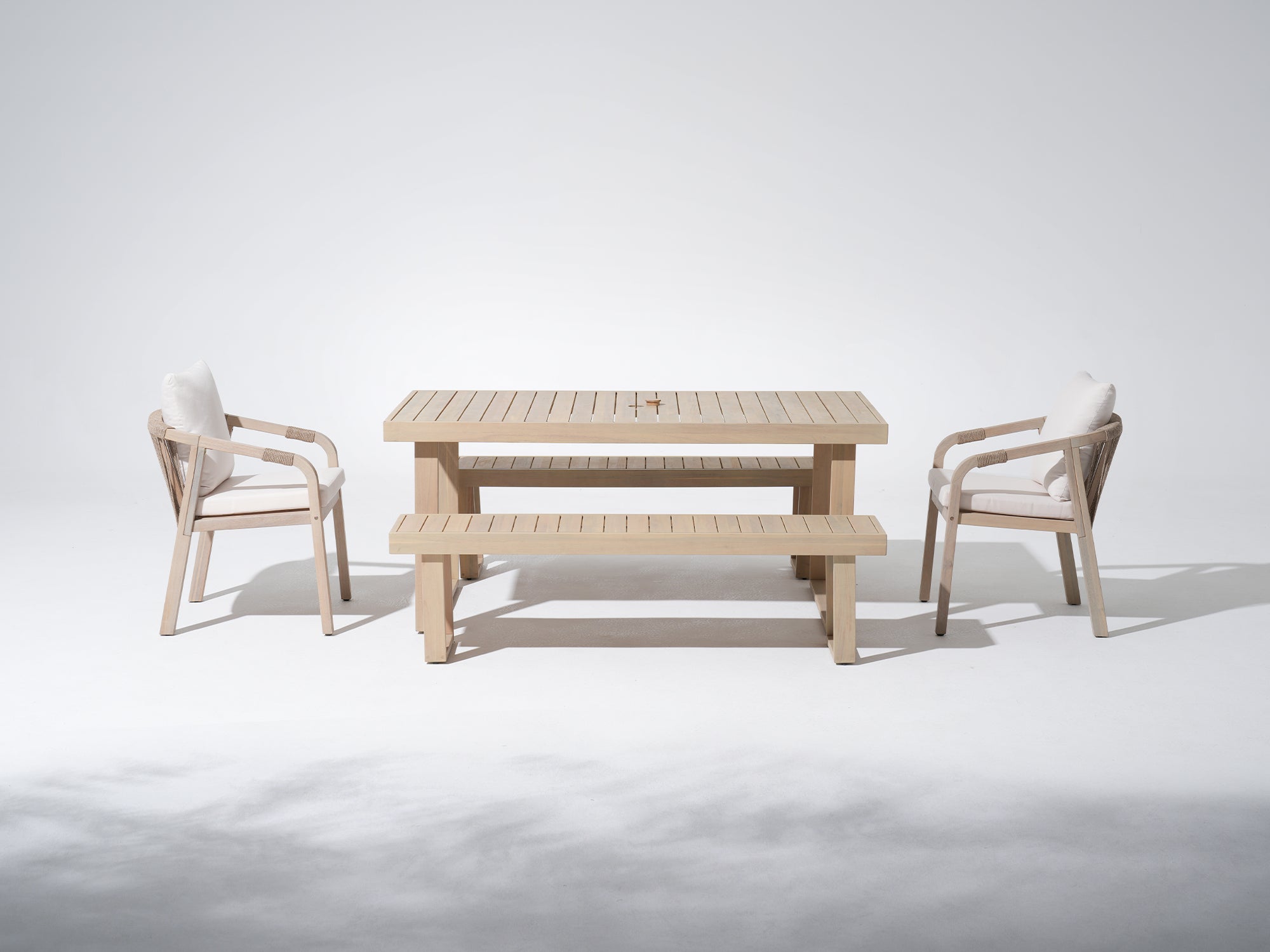 acacia Wooden outdoor dining table set with umbrella hole for 6 people, two benches, two woven rope chairs - Jardina Premium Modern Outdoor Dining Furniture
