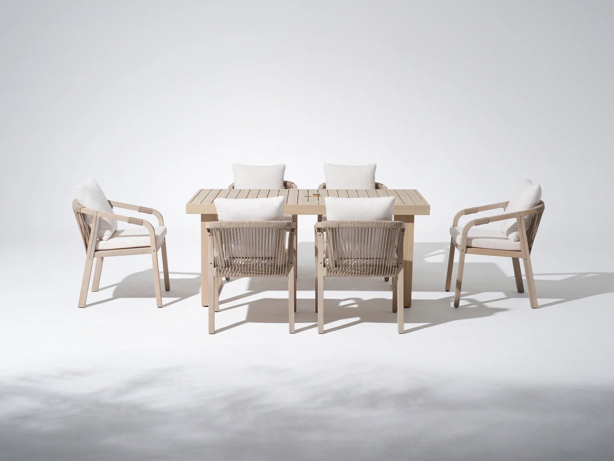 Outdoor acacia Wooden Dining Set for 6 with Umbrella Hole, a rectangular dining table and six woven rope chairs - Jardina Premium Modern Outdoor Dining Furniture