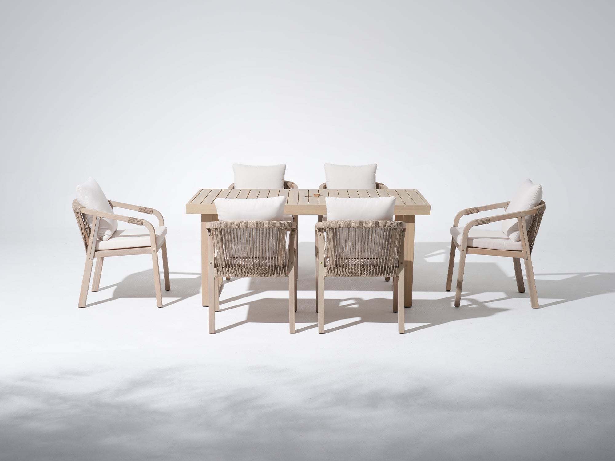Outdoor acacia Wooden Dining Set for 6 with Umbrella Hole, a rectangular dining table and six woven rope chairs - Jardina Premium Modern Outdoor Dining Furniture