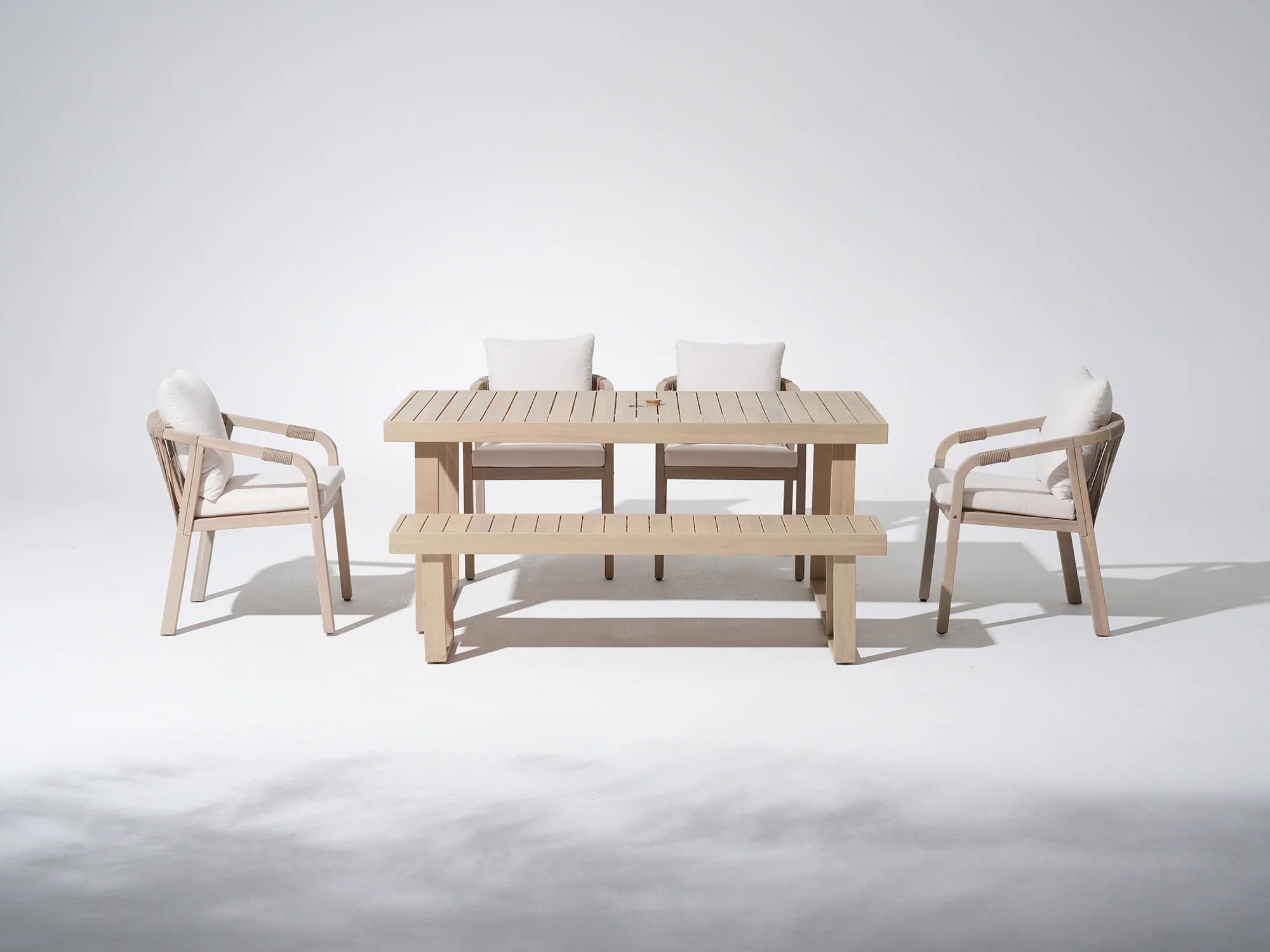 Outdoor acacia Wooden Dining Set for 6 with Umbrella Hole, Bench Option, 67" Sled-Leg - Jardina Premium Modern Outdoor Dining Furniture