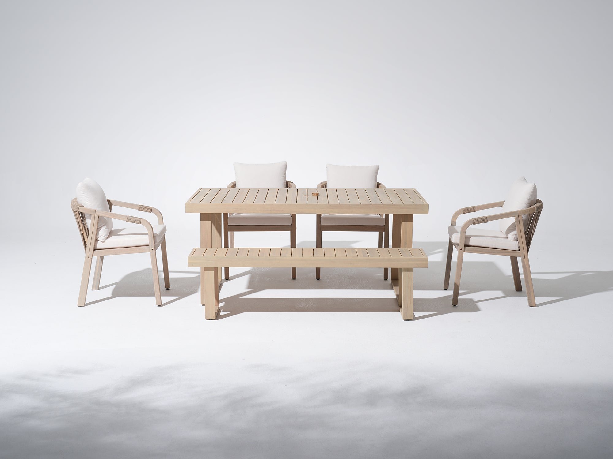 Outdoor acacia Wooden Dining Set for 6 with Umbrella Hole, Bench Option, 67" Sled-Leg - Jardina Premium Modern Outdoor Dining Furniture