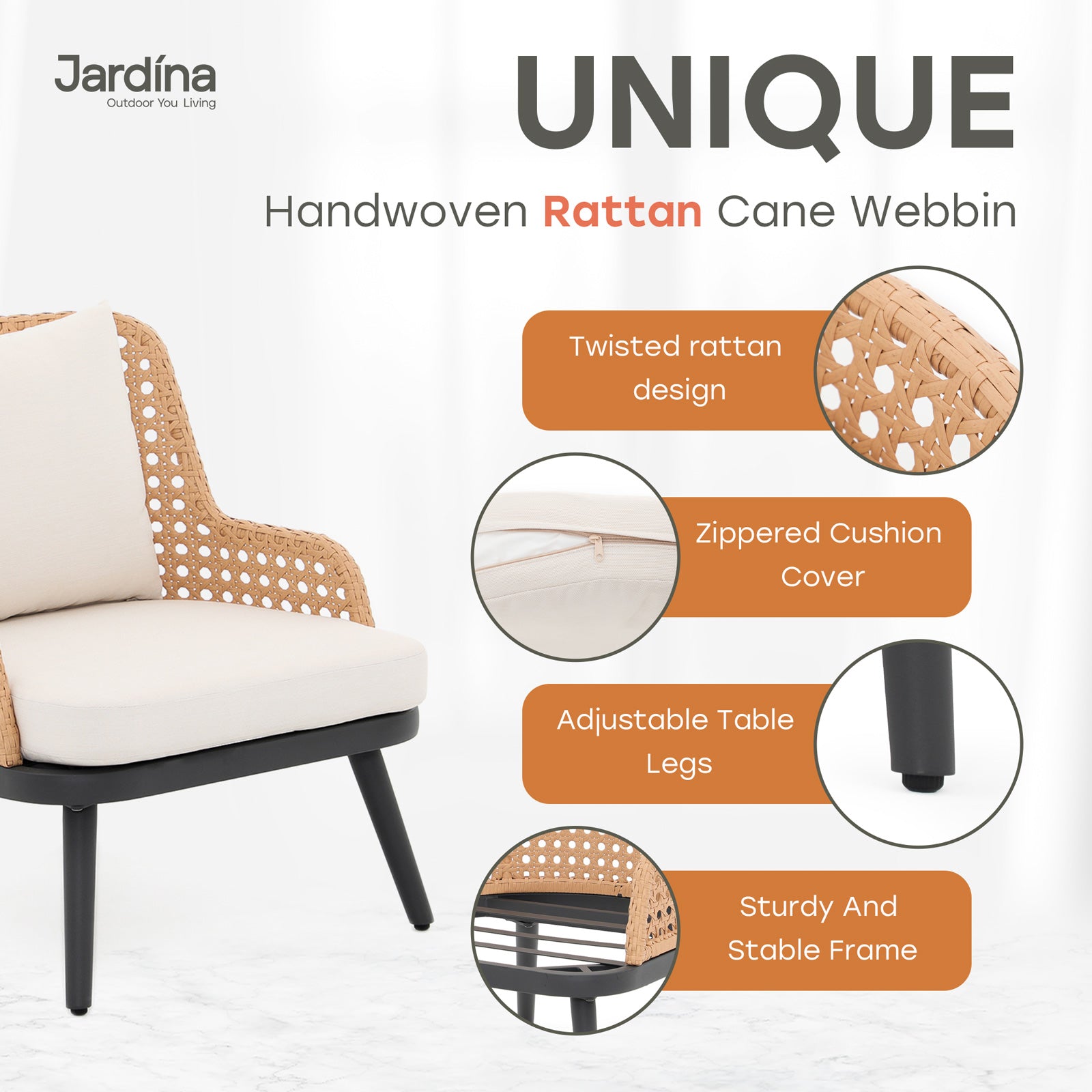 handwoven rattan outdoor chairs, natural patio loung chair details