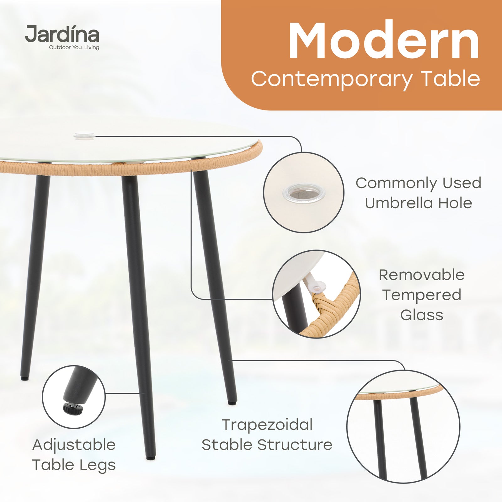 natural modern outdoor round dining table with umbrella hole and tempered glass details