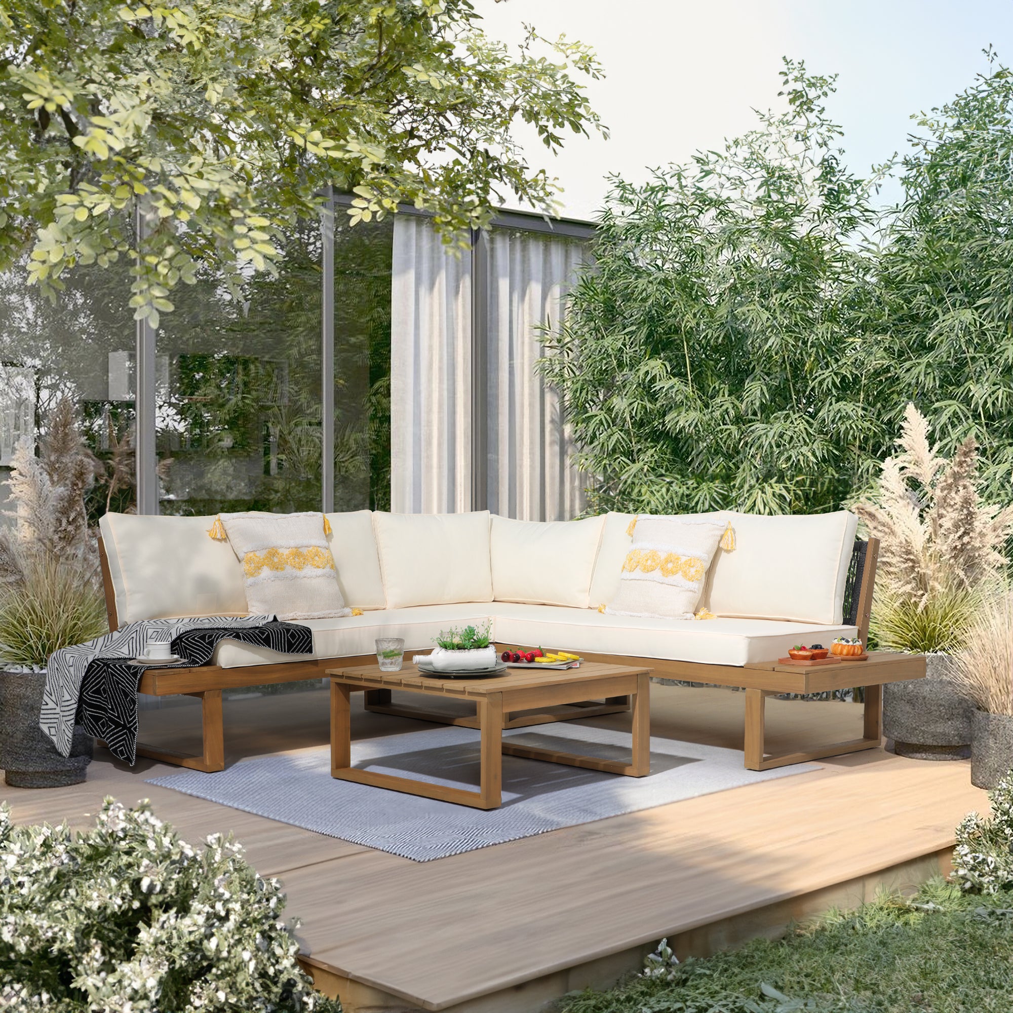 Foristern Outdoor L-Shaped Sofa Set, acacia Wooden conversation sets, white cushions - Jardina Premium Modern Outdoor Patio Furniture#color_Beige