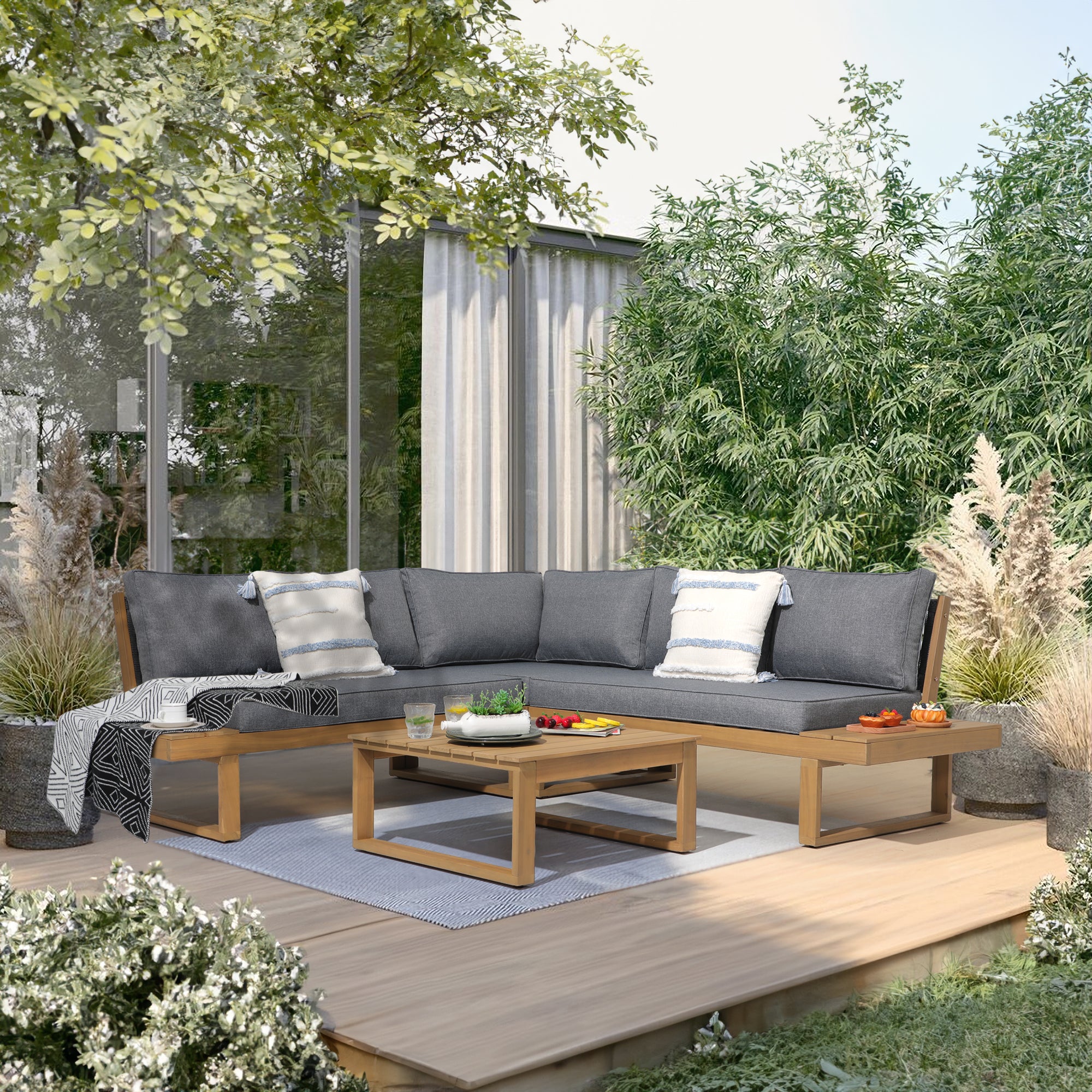 Foristern Outdoor L-Shaped Sofa Set, Wooden conversation sets, gray cushions - Jardina Premium Modern Outdoor Patio Furniture #color_grey