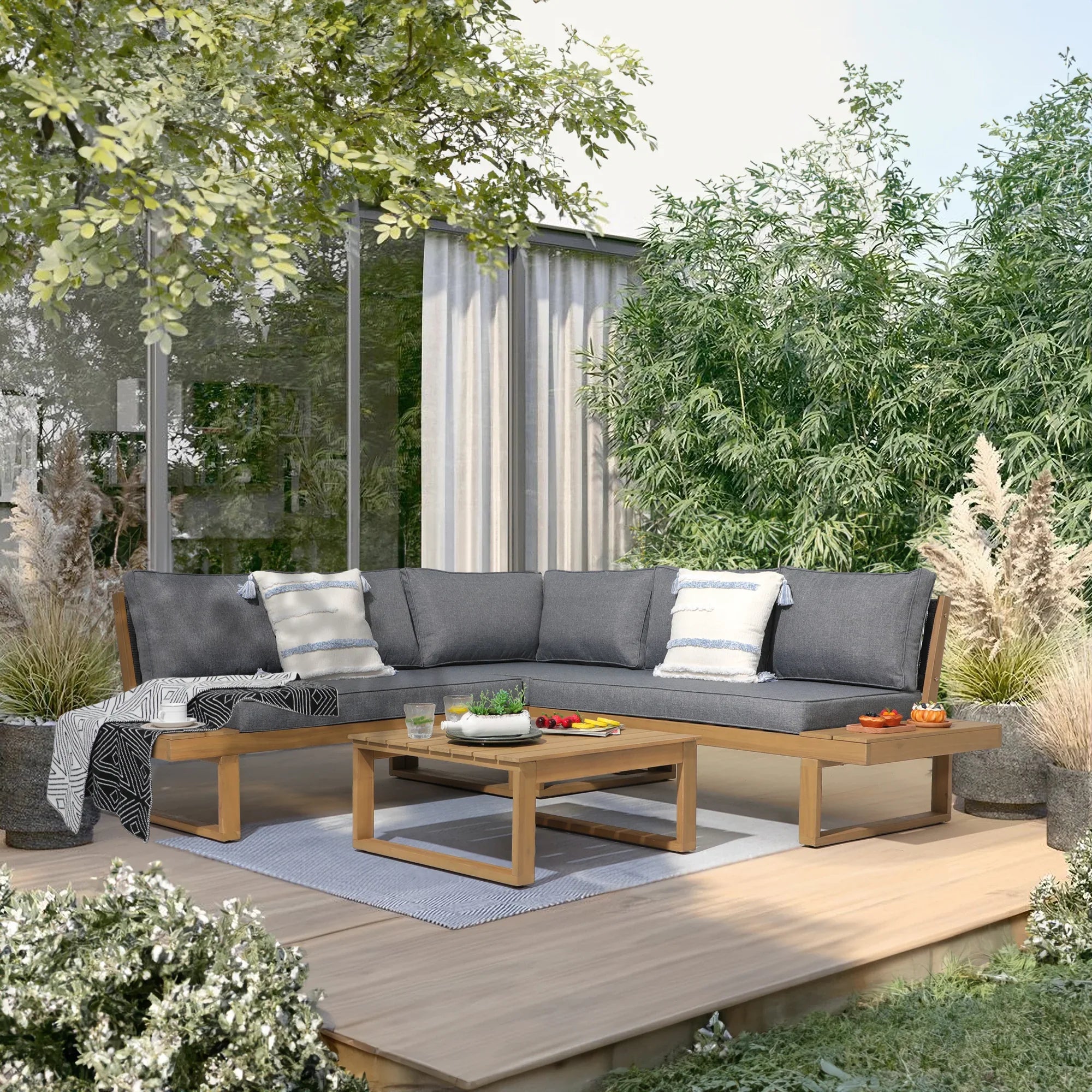 Foristern Outdoor L-Shaped Sofa Set, acacia Wooden conversation sets, gray cushions - Jardina Premium Modern Outdoor Patio Furniture #color_grey