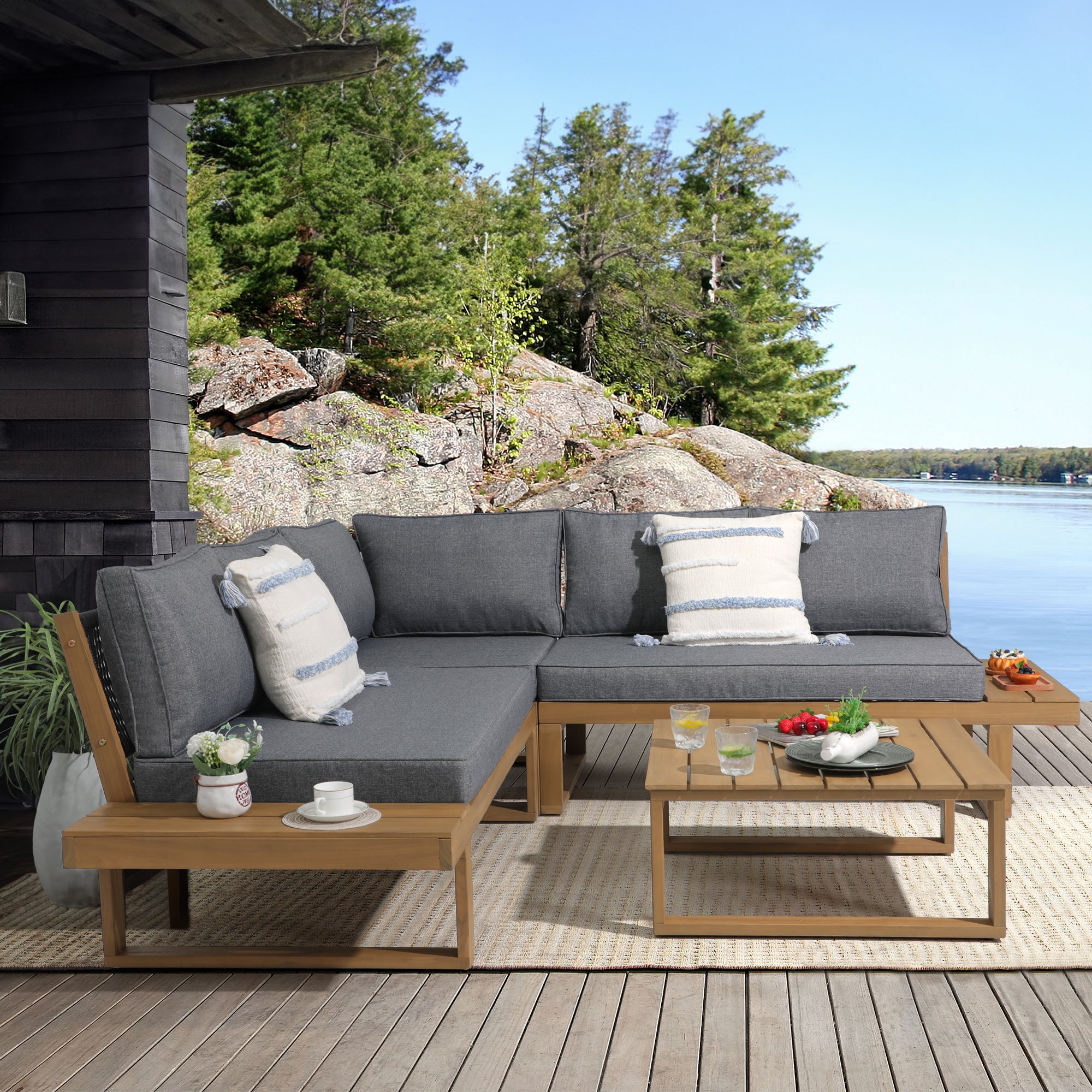 Foristern Outdoor L-Shaped Sofa Set, acacia Wooden conversation sets, gray cushions - Jardina Premium Modern Outdoor Patio Furniture #color_grey
