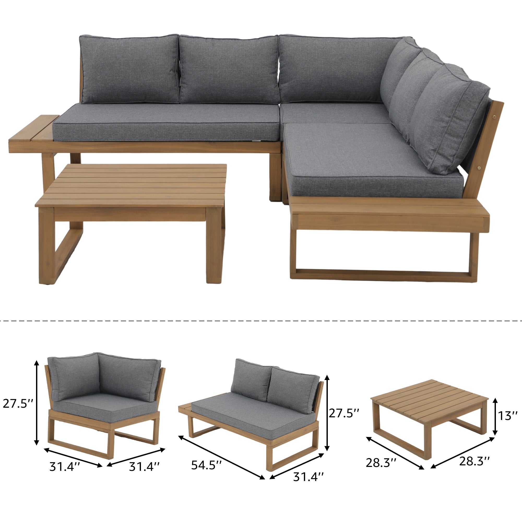Foristern gray wooden Outdoor L-Shaped Sofa Set dimension - Jardina Premium Modern Outdoor Patio Furniture #color_Grey