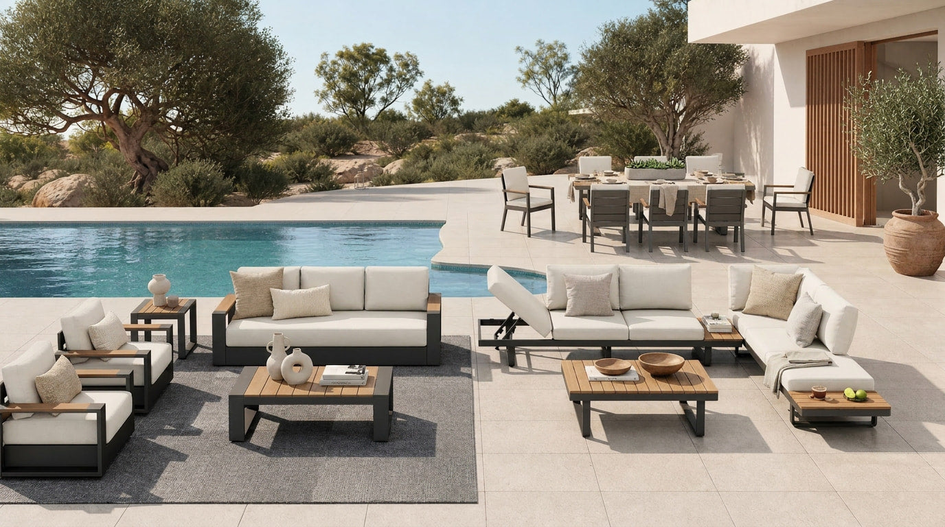 Addison Modern Metal Outdoor Sofa Set, Dark Grey Aluminum Frame, White Cushion