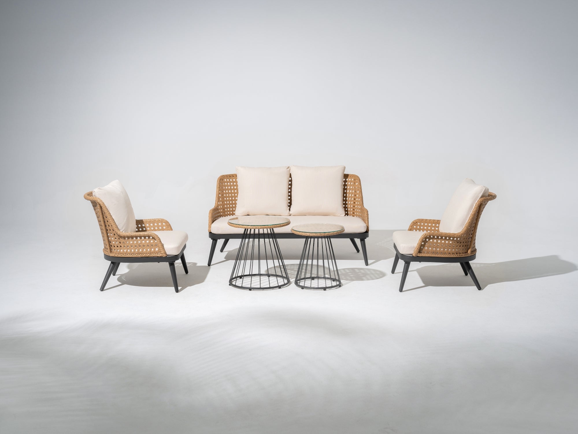 5-pcs Patio conversation seating set, dark grey steel frame, yellow hollow pattern rattan design, and beige cushions, a loveset sofa, two single sofa armchairs, two round coffee table with tempered glass tabletop - Jardina Premium Modern Outdoor Patio Furniture Set