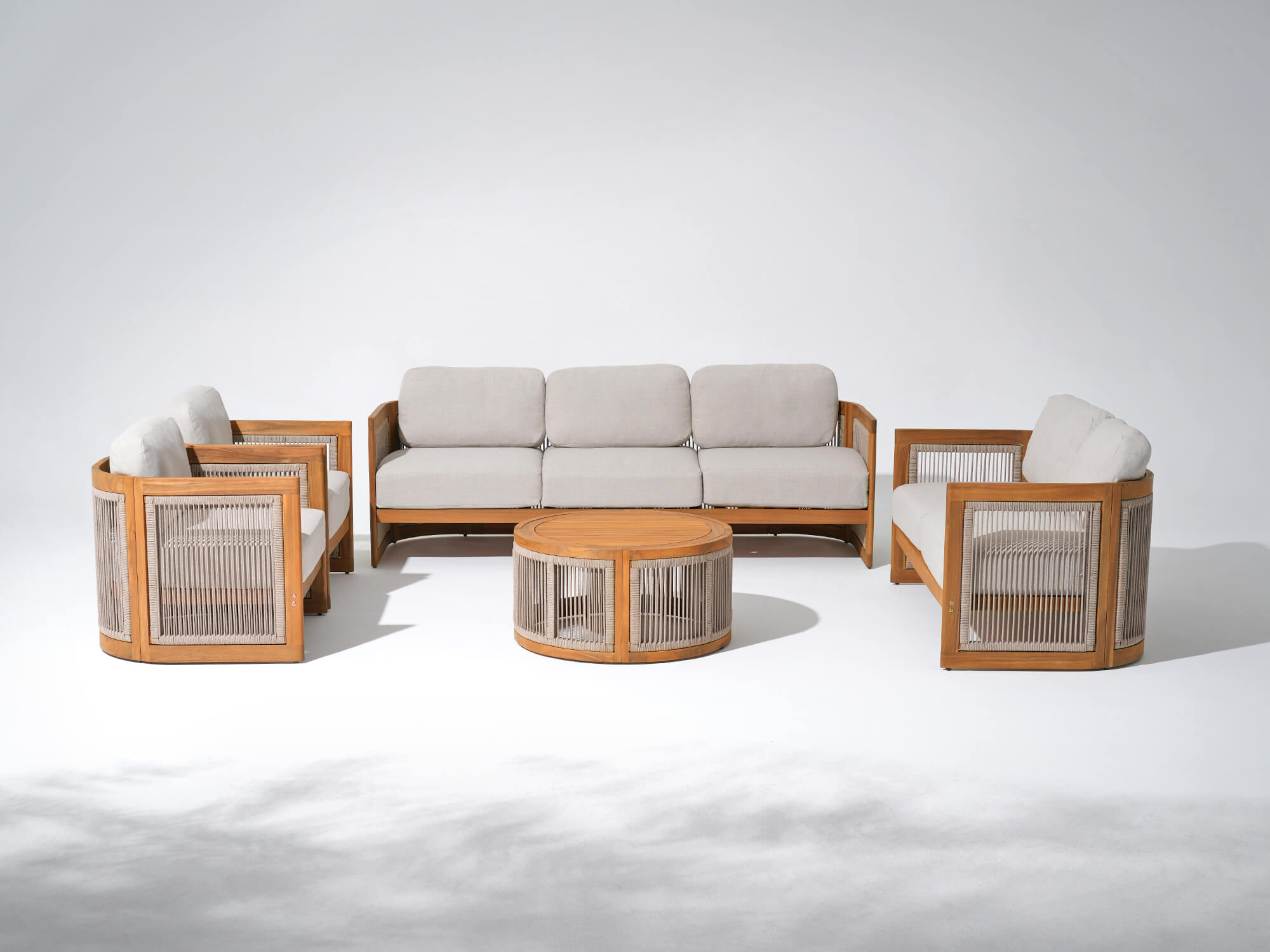 acacia wood outdoor patio furniture conversation lounge sets,7 seats outdoor seating set with rope design, grey cushions- Jardina Modern Premium Patio Outdoor Furniture#Size_5-pc