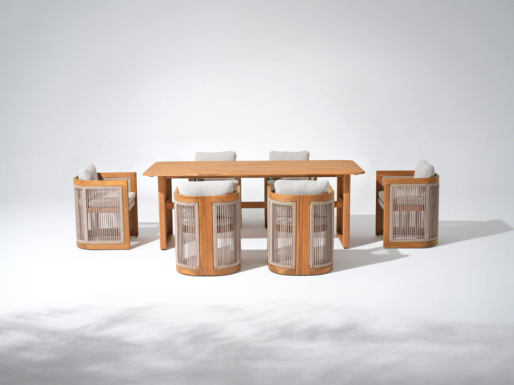 rope and acacia Wooden rectangular outdoor dining table set for 6 with cushions - Jardina Modern Premium Patio Outdoor Furniture