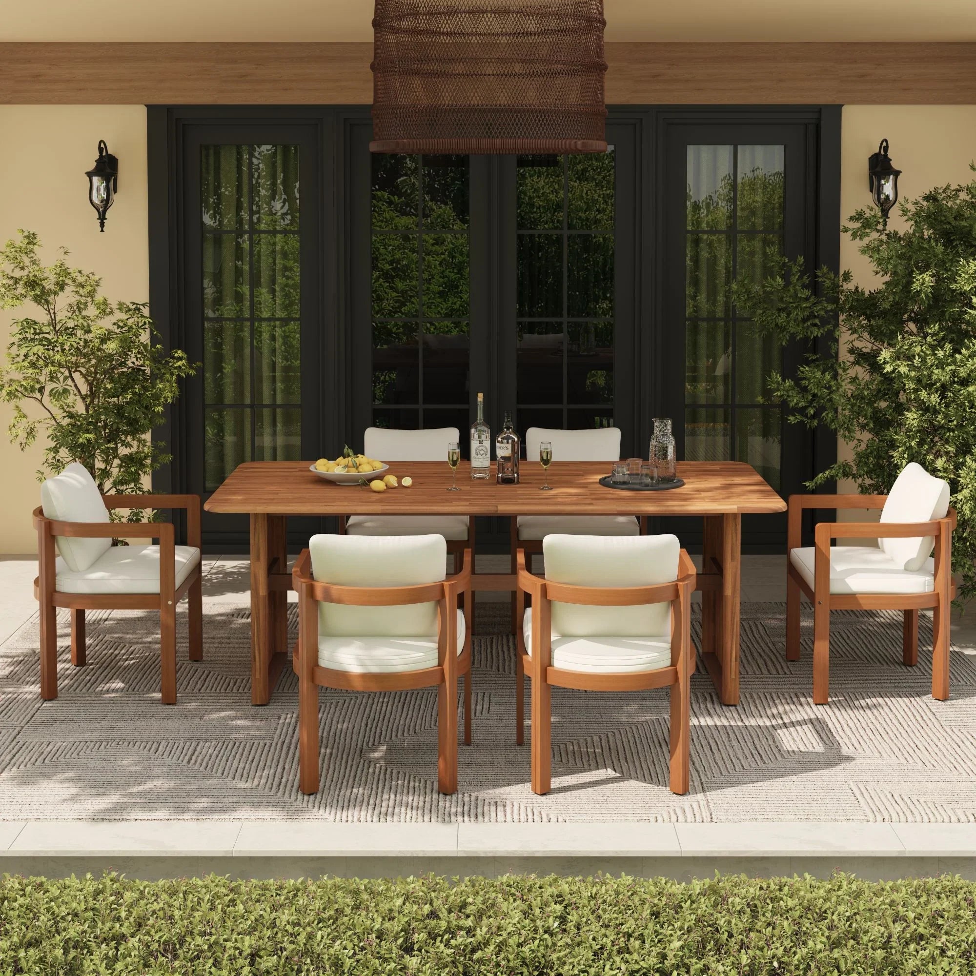 acacia Wooden rectangular outdoor dining set for 6 people with cushions - Jardina Modern Premium Patio Outdoor Furniture#Size_6 Chairs + 1 Table