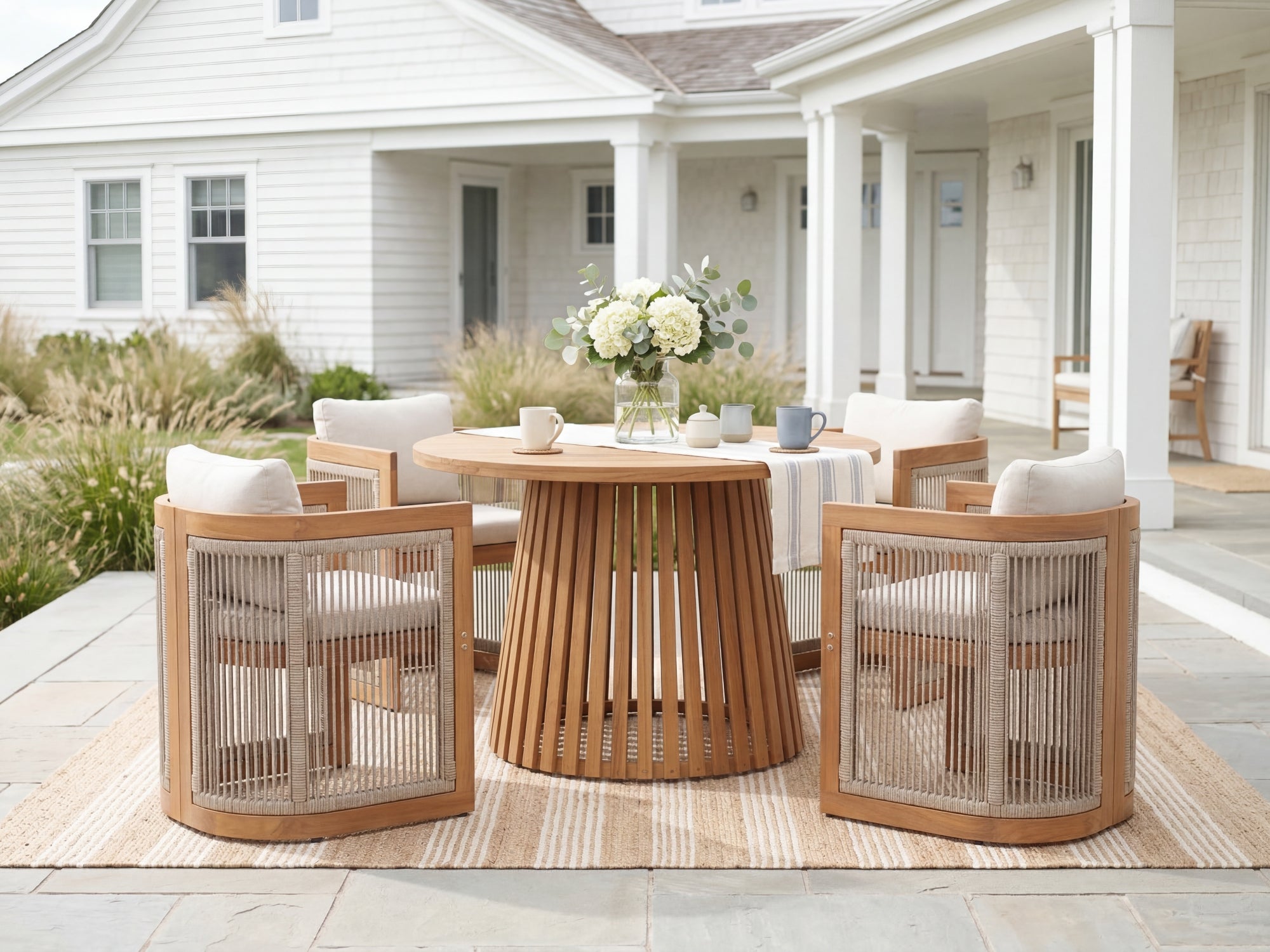 round Outdoor patio dining set with acacia wooden table and chairs with rope design for 4 people - Jardina Premium Modern Outdoor Dining Furniture