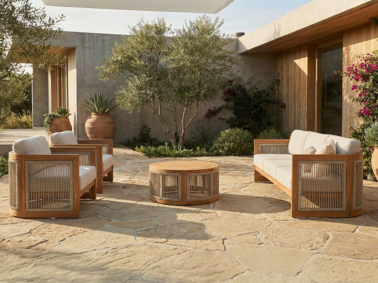 Outdoor patio set with wooden chairs and table on a stone patio. #Size_4-pc with Sofa