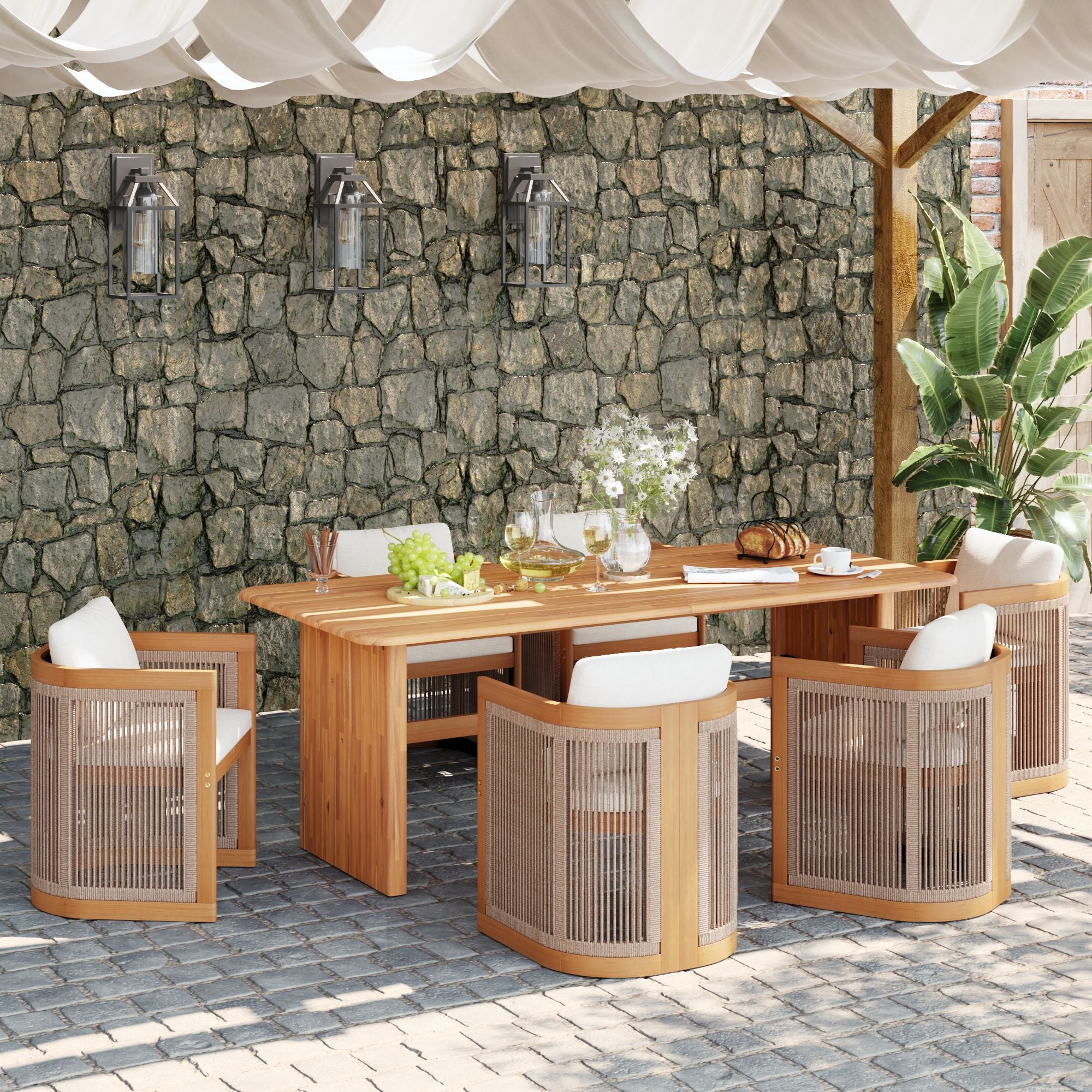 acacia wooden Outdoor dining table set for 6 people with rope design and cushions- Jardina Modern Premium Patio Outdoor Furniture
