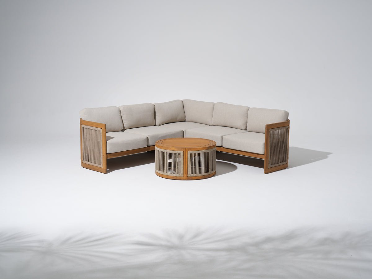 Mori Wooden Sectional with Adjustable Backrest, Linen Cushions & Swivel Chair