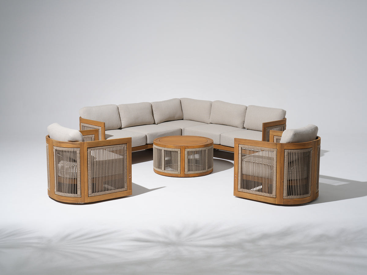 Mori Wooden Sectional with Adjustable Backrest, Linen Cushions & Swivel Chair